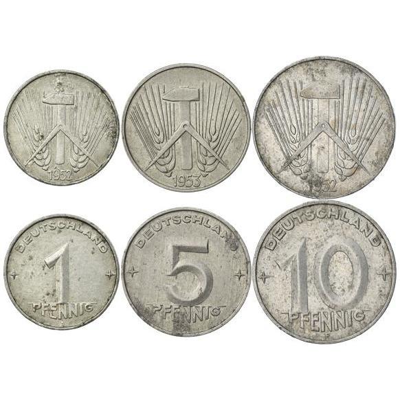 German Democratic Republic | 3 Coin Set | 1 5 10 Pfennig | 1952 - 1953
