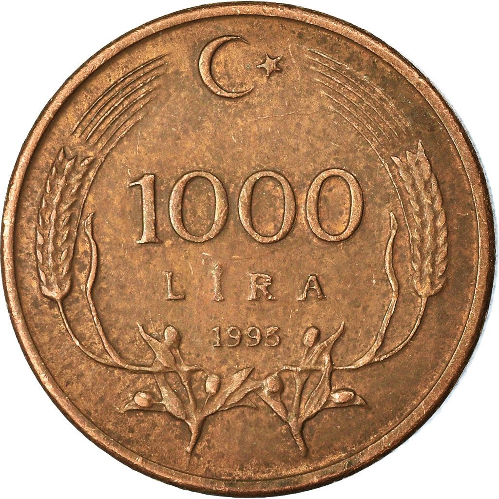 Turkey | 1000 Lira Coin | Crescent and Star | Oat Sprigs | Km:1028 | 1995 - 1998