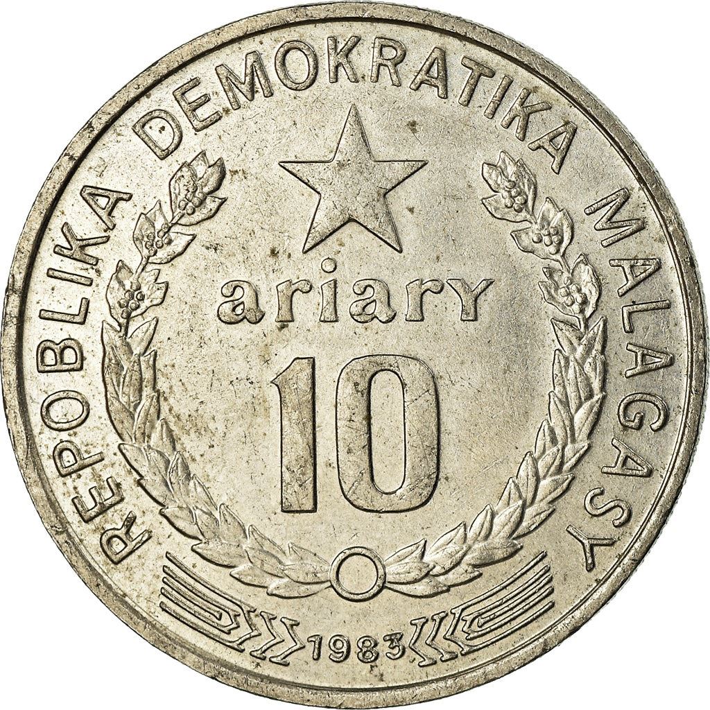 Madagascar | 10 Ariary Coin | Star | Worker | Peat | Km:13B | 1983