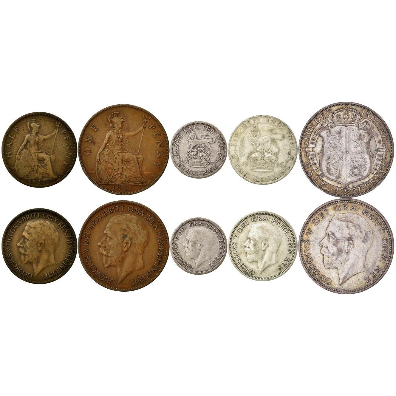 United Kingdom | 5 Coin Set | 1/2 1 Penny 6 Pence 1 Shilling 1/2 Crown | 1925 - 1927