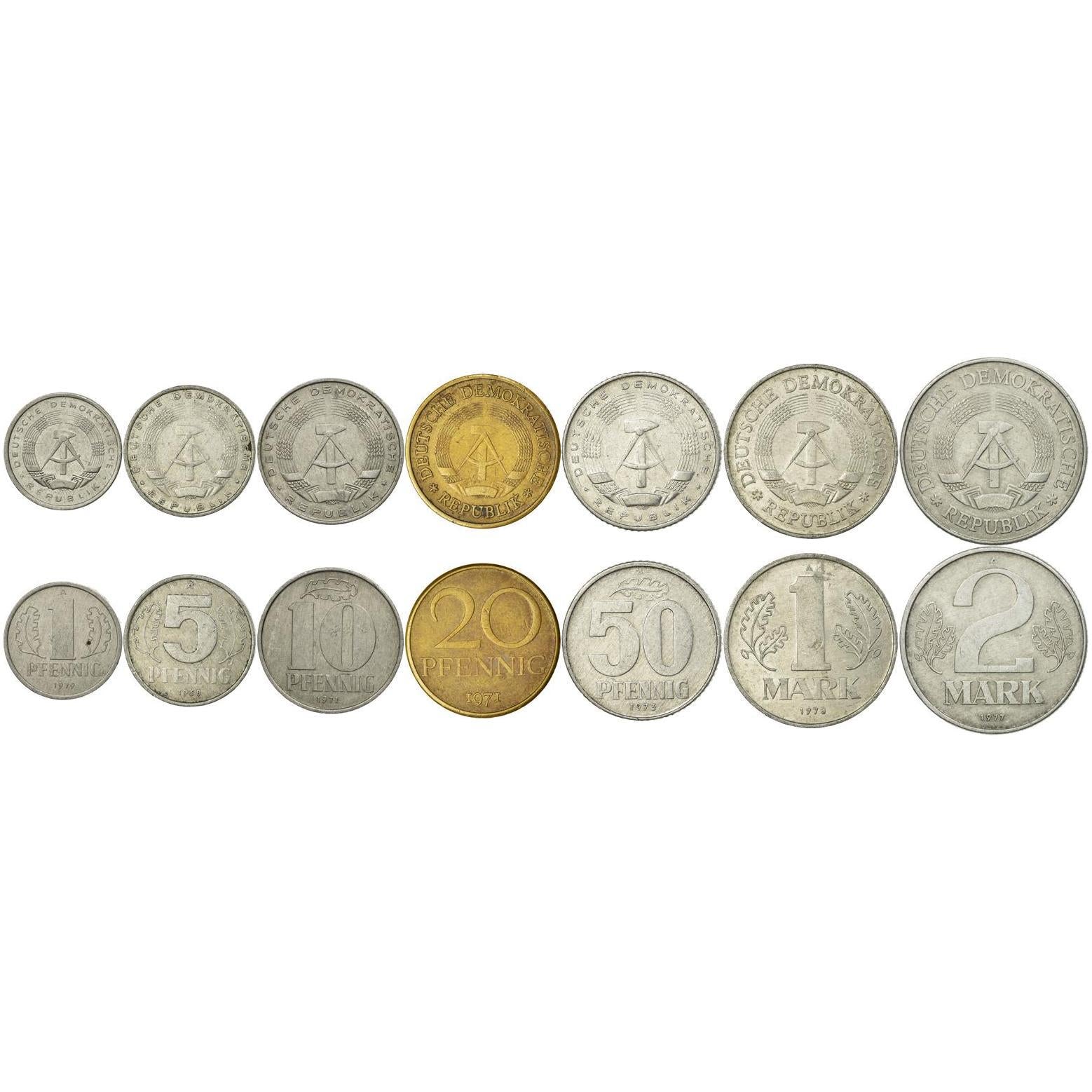 German Democratic Republic | 7 Coin Set | 1 5 10 20 50 Pfennig 1 2 Mark | 1958 - 1990