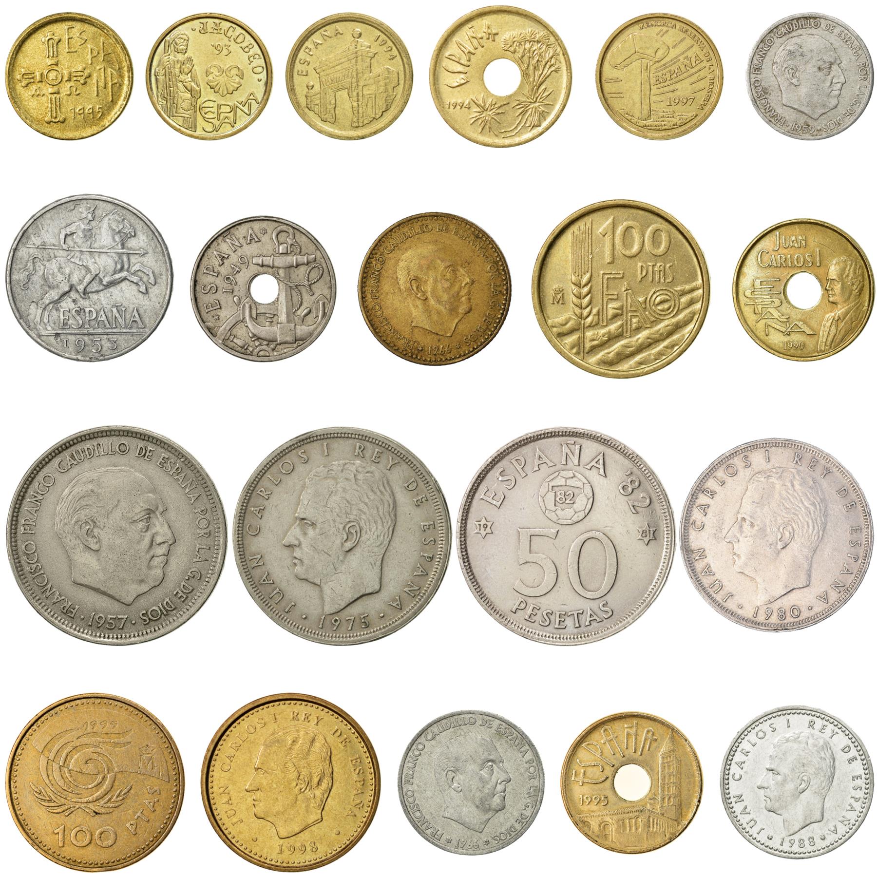 20枚のスペイン硬貨 | スペイン通貨コレクション | 10、50セティモ、1