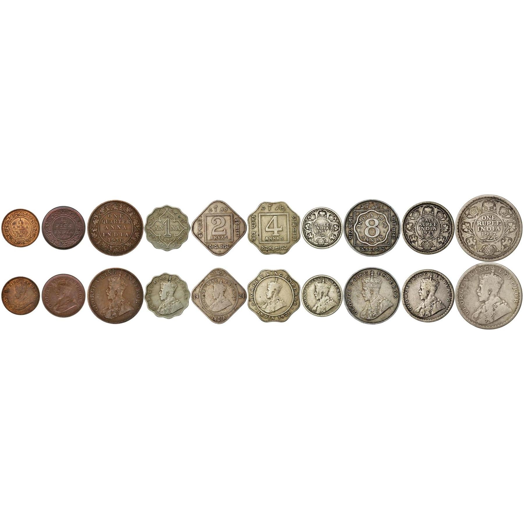 India - British | 10 Coin Set | 1/12 1/4 1 Anna 1/2 Pice 2 4 8 Annas 1/4 1/2 1 Rupee | 1912 - 1936