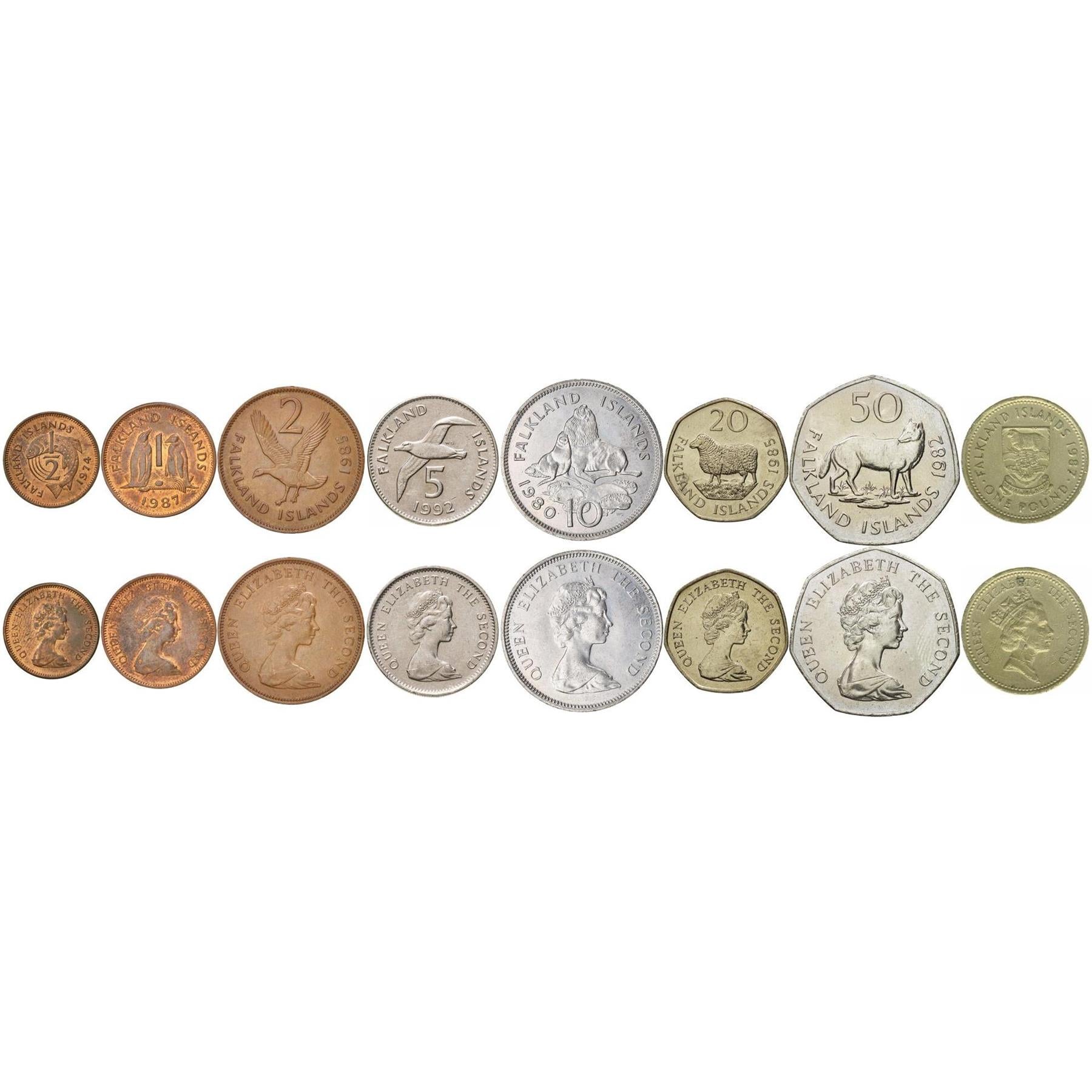 Falkland Islands | 8 Coin Set | 1/2 1 Penny 2 5 10 20 50 Pence 1 Pound | 1974 - 1992
