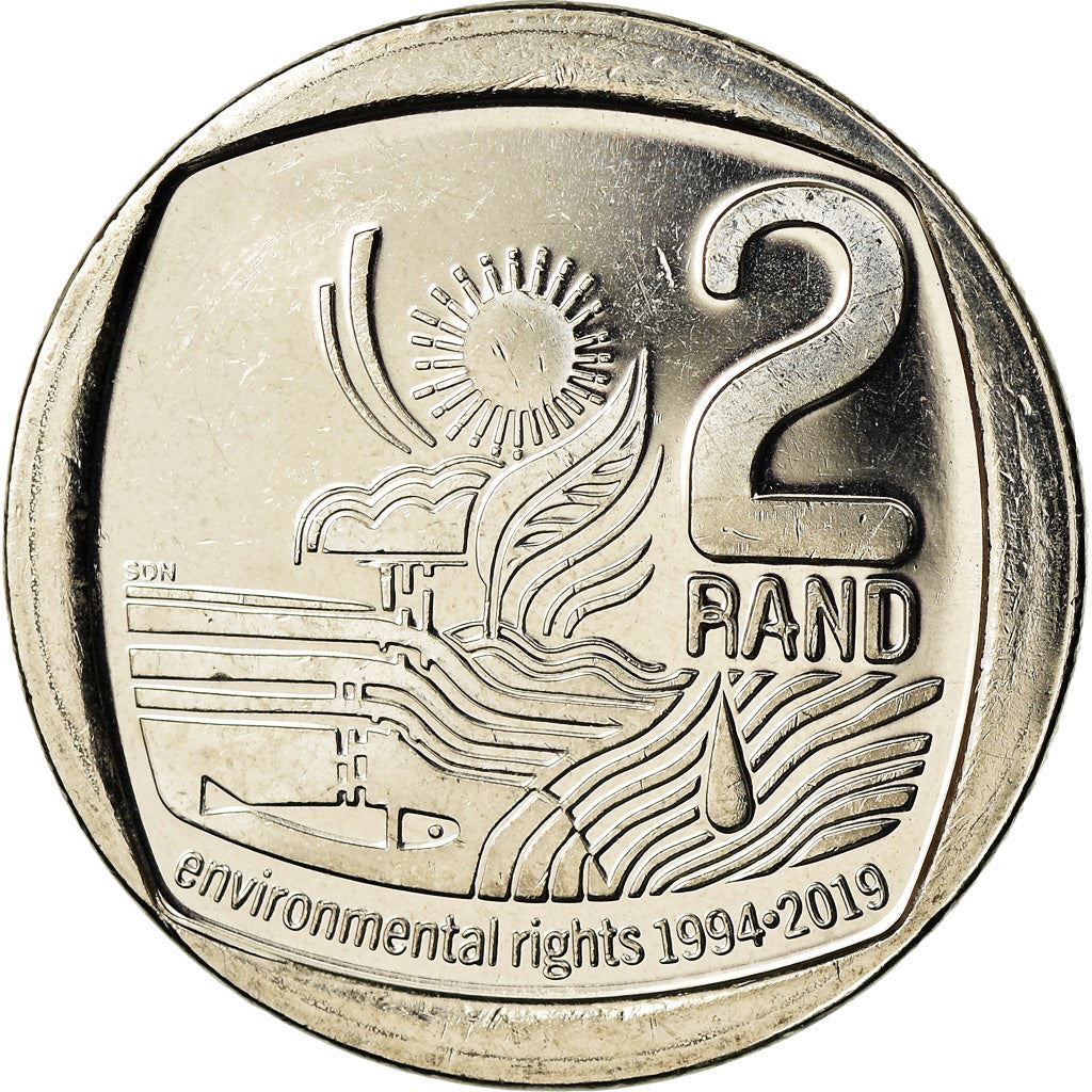 South Africa | 2 Rand Coin | Sun | Tree | Water | Fish | Environmental Rights | Km:695 | 2019