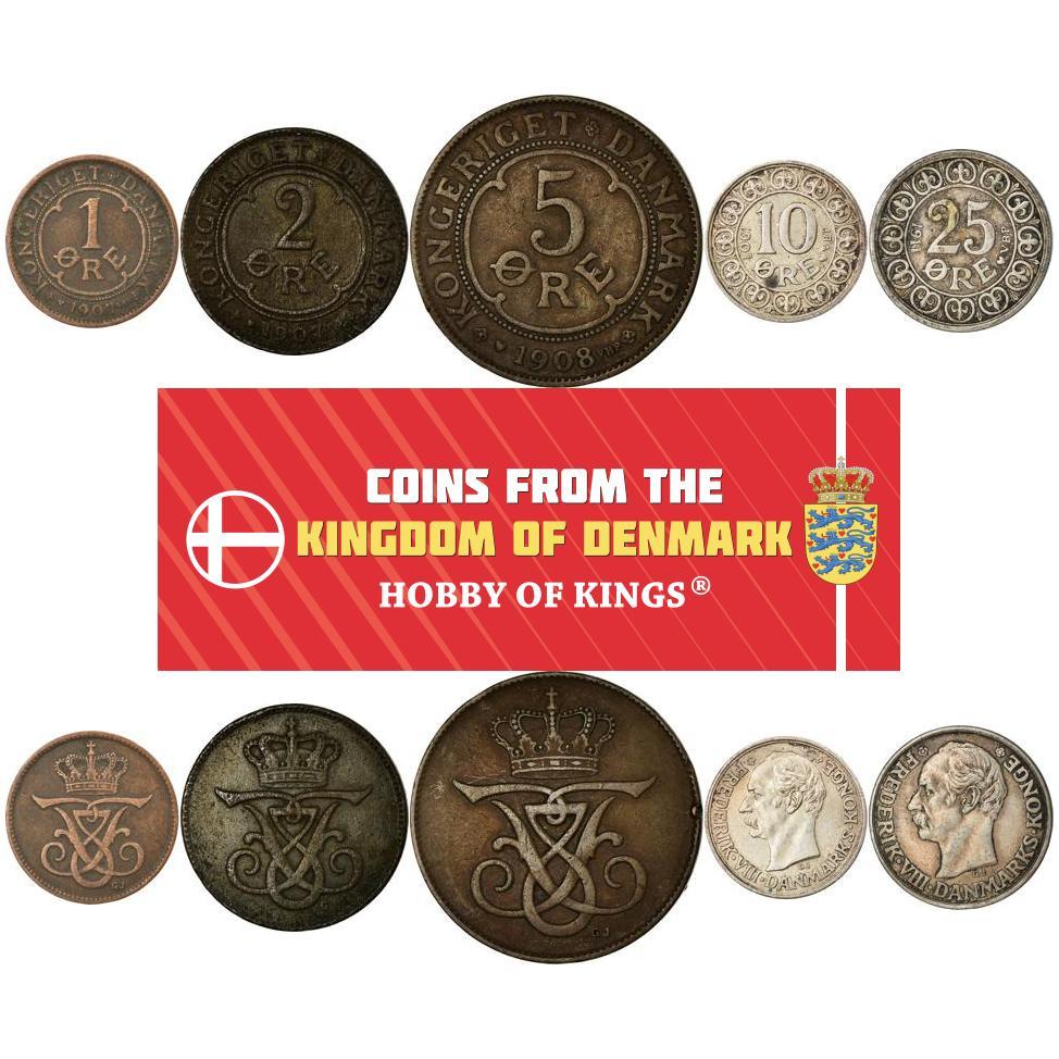 Denmark | 5 Coin Set | 1 2 5 10 25 Ore | 1907 - 1912