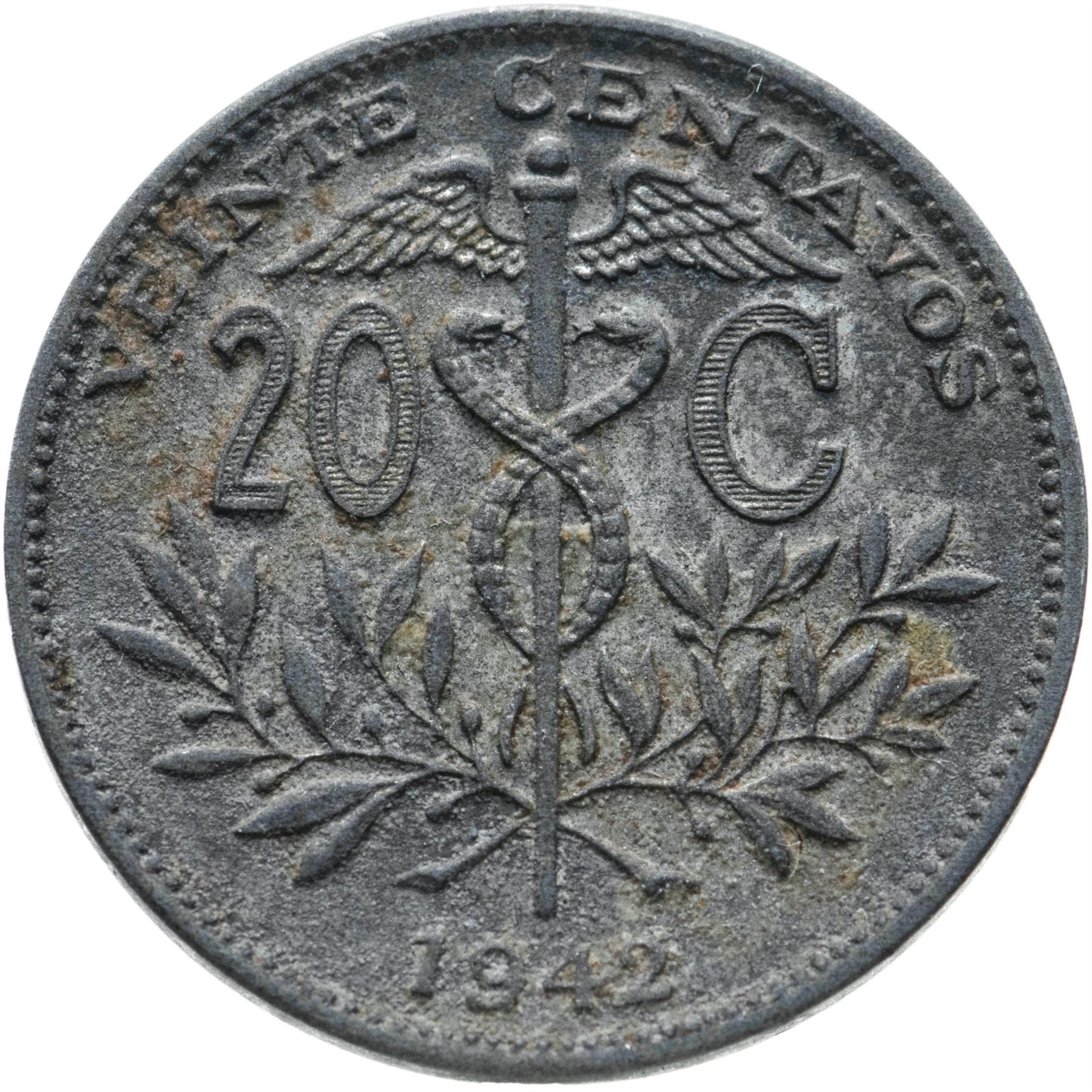 Bolivia | 20 Centavos Coin | Caduceus | Zinc | KM:183 | 1942