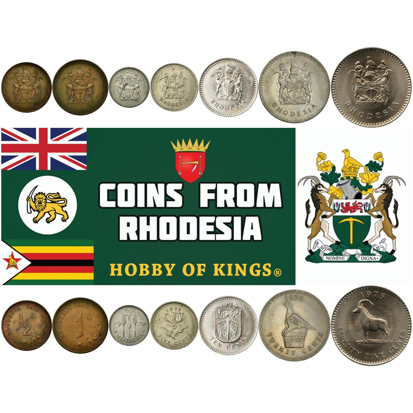Rhodesia | 7 Coin Set | 1/2 1 Cent 2.5 5 10 20 25 Cents | 1970 - 1977