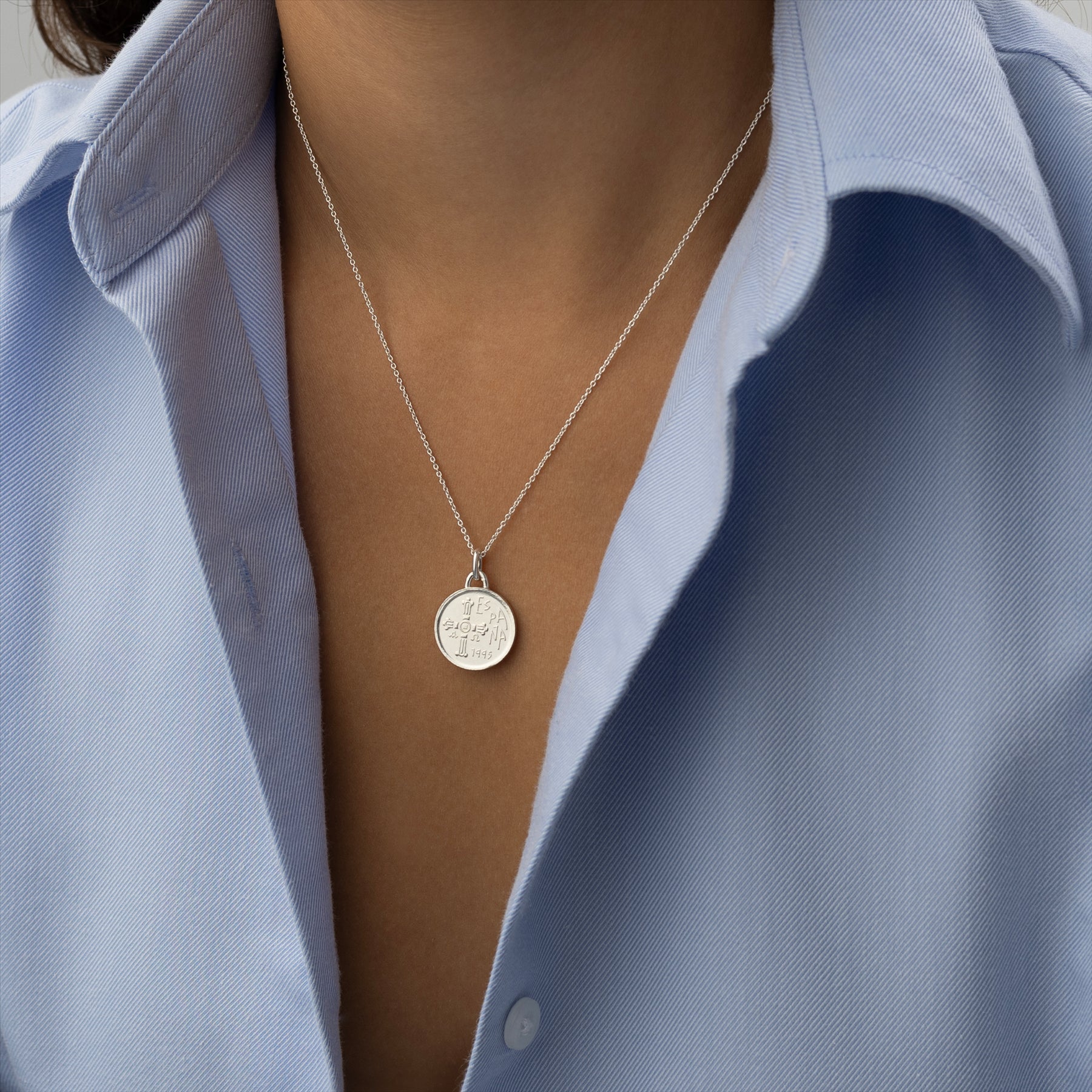 Spanish Coin Necklace | Medallion Pendant Jewelry | Rhodium Plated 5 Pesetas | Asturias | 1995