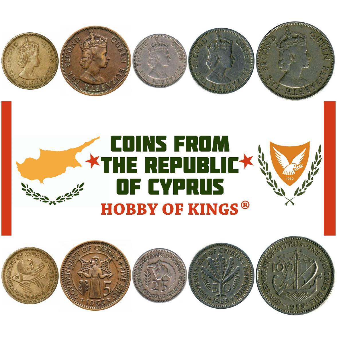 Set 5 Coins Cyprus 3 5 25 50 100 Mils 1955 - 1957