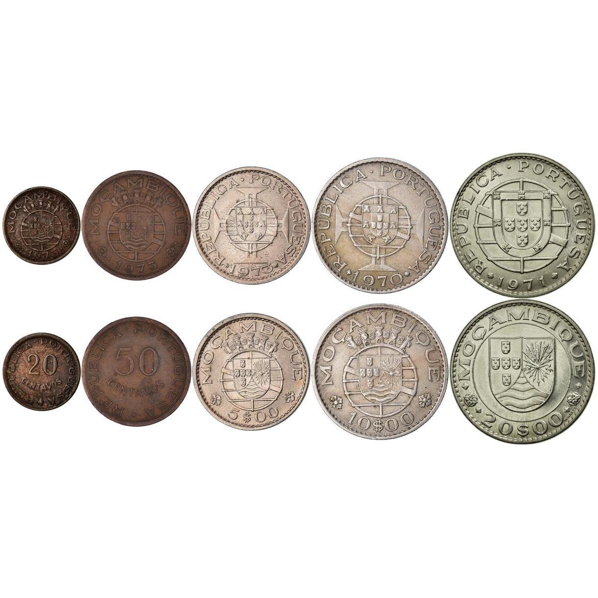 Mozambique | 5 Coin Set | 20 50 Centavos 5 10 20 Escudos | 1968 - 1974