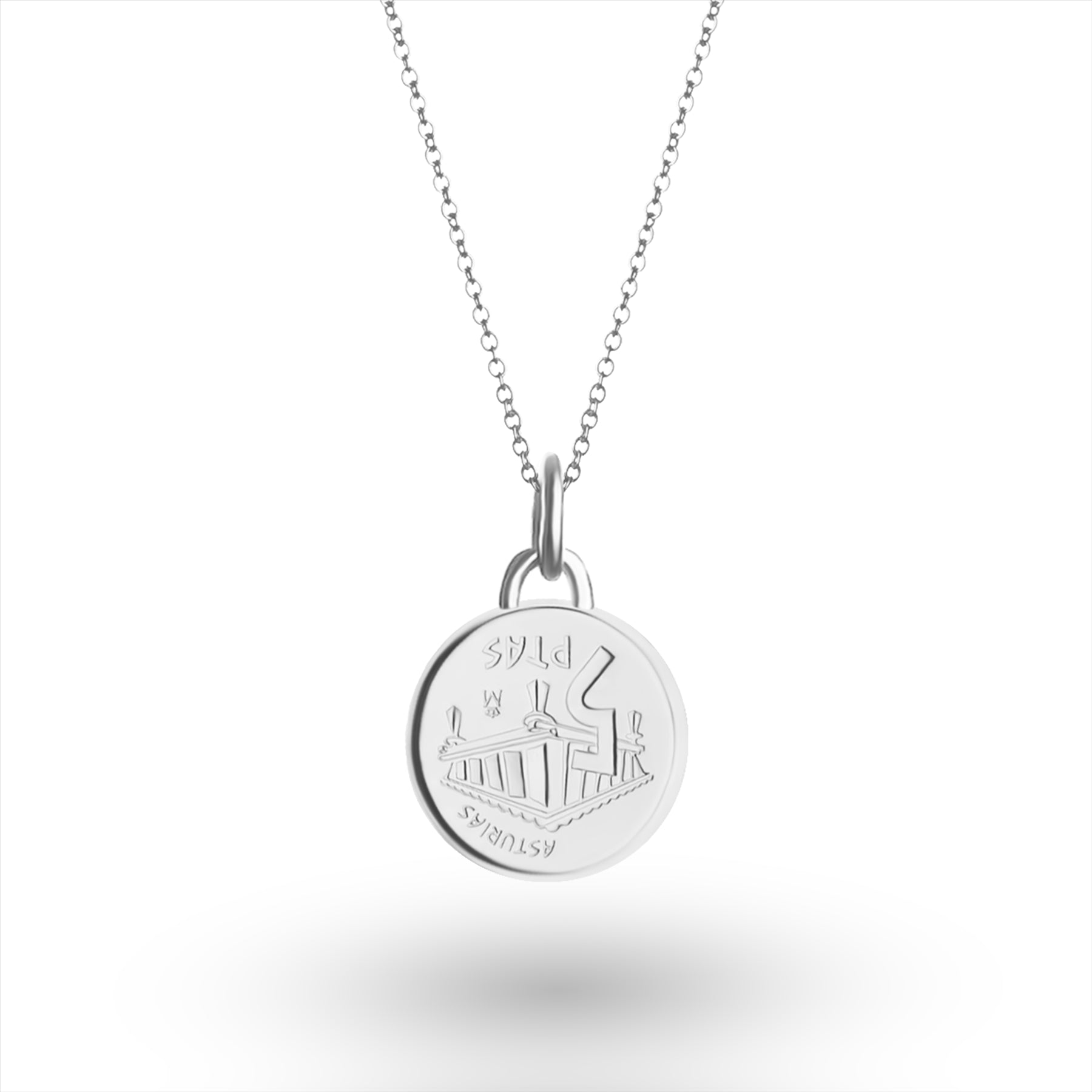 Spanish Coin Necklace | Medallion Pendant Jewelry | Rhodium Plated 5 Pesetas | Asturias | 1995