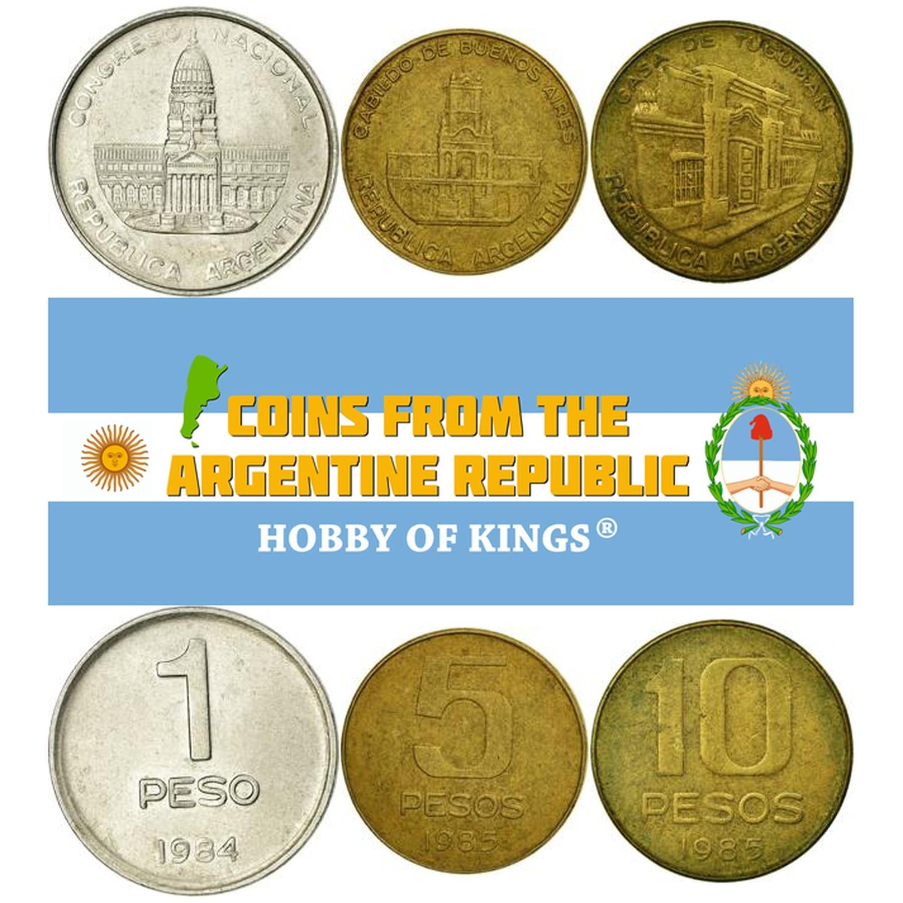 Argentine 3 Coin Set 1 5 10 Pesos | Casa de Tucumán | Argentine National Congress | 1984 - 1985
