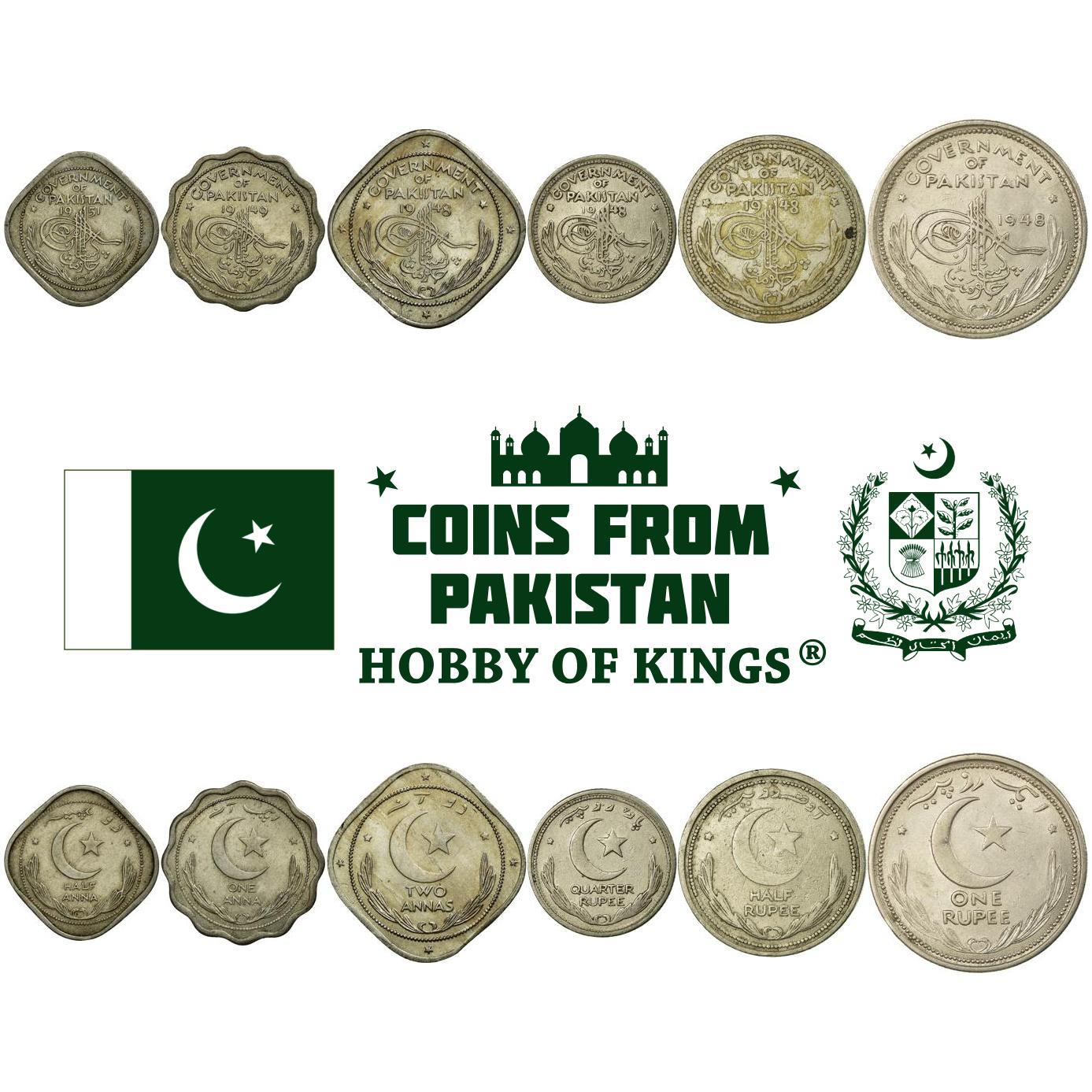 Pakistan | Set van 6 Munten | 1/2 1 Anna 2 Annas 1/4 1/2 1 Roepie | 1948 - 1952