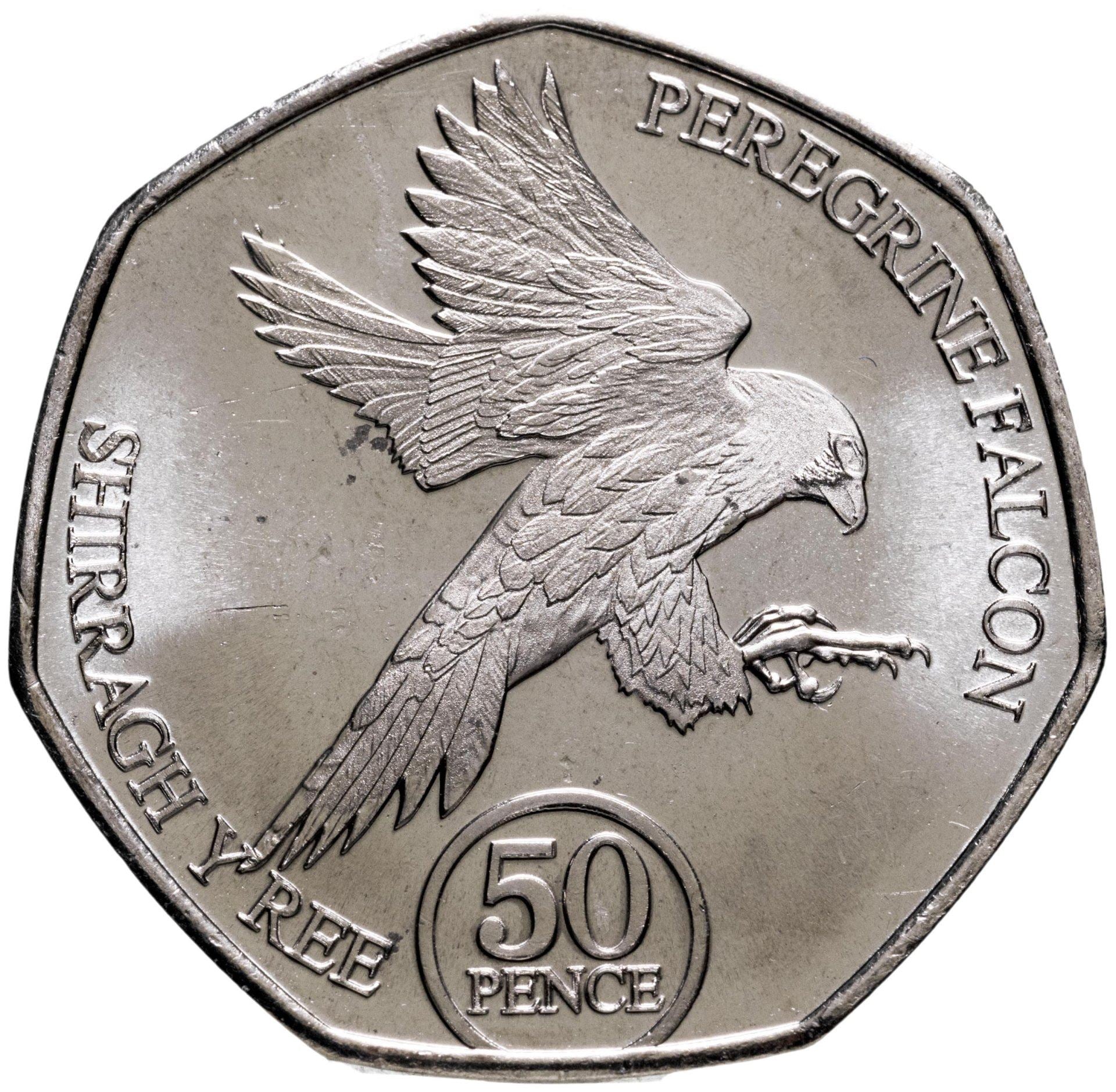 Isle of Man | 50 Pence Coin | Perigrine Falcon | King Charles III | Km:1798 | 2023