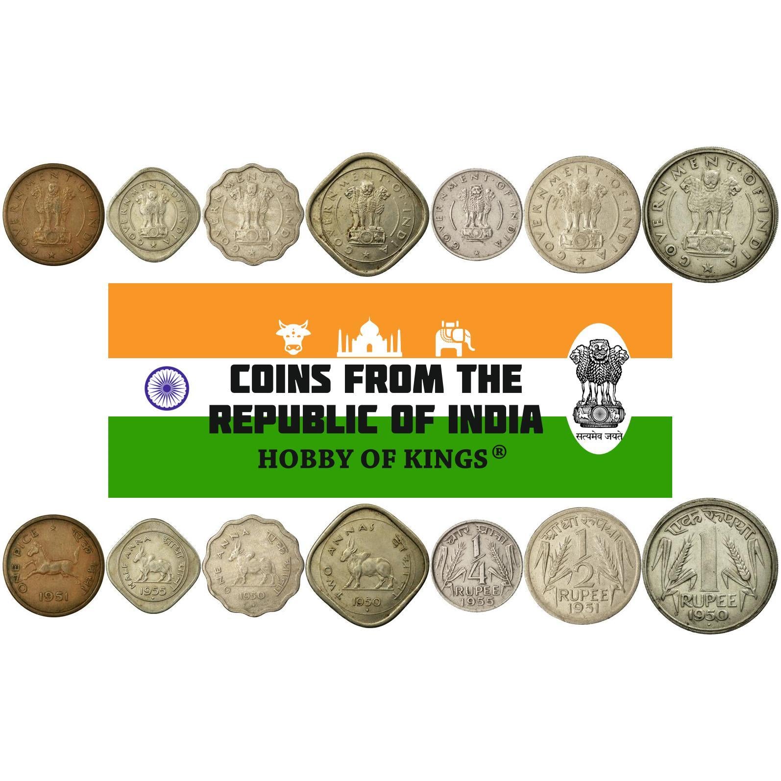 India | 7 Coin Set | 1 Pice 1/2 1 Anna 2 Annas 1/4 1/2 1 Rupee | 1950 - 1956