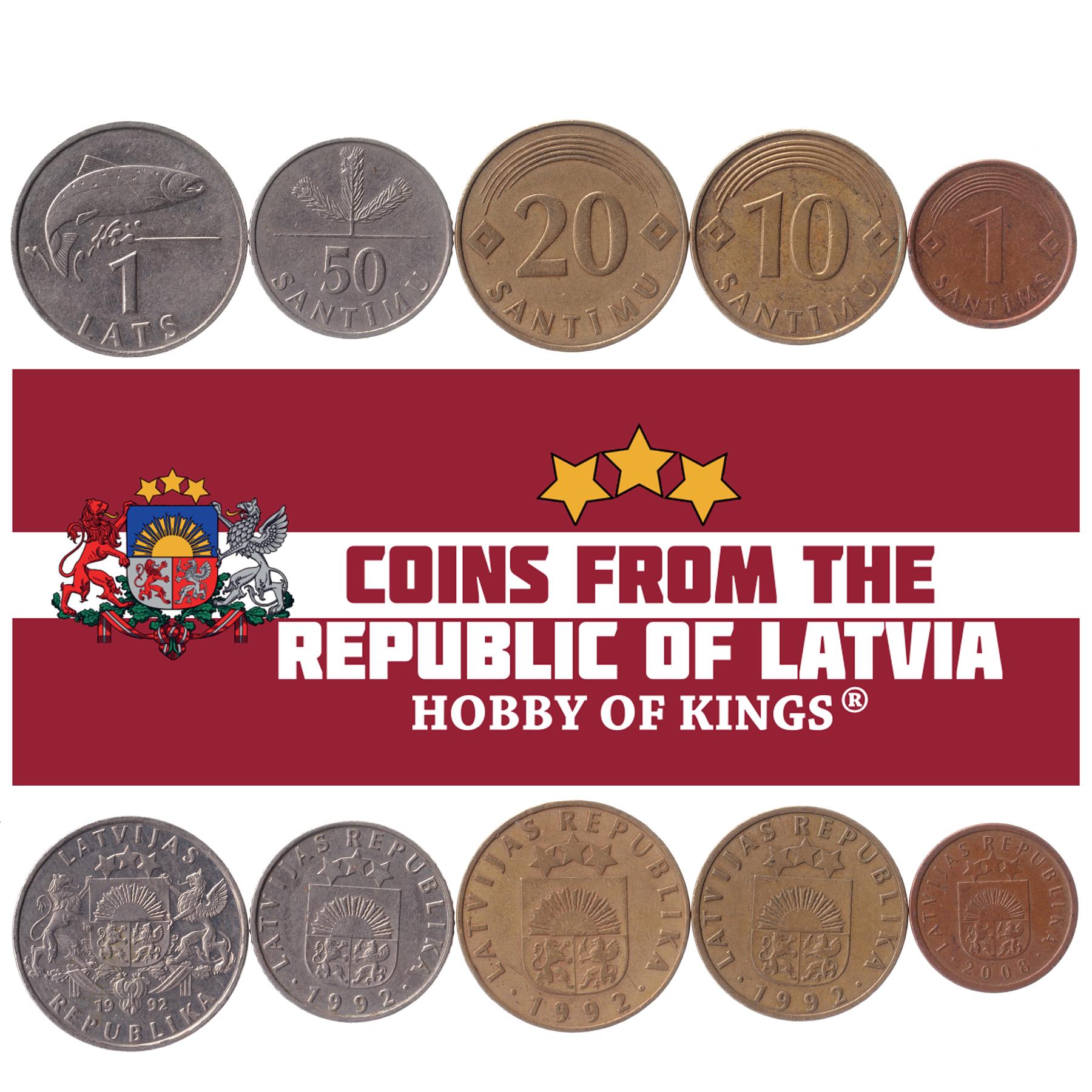 異なる硬貨 - 古い収集用ラトビア外国通貨の収集帳 - 独特な記念世界の貨幣セット - 収集家への贈り物 - 5点の収集品