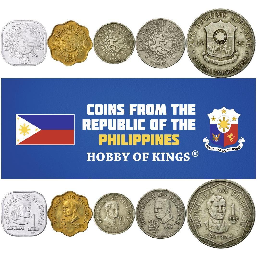 Set 5 Coins Philippines 1 5 10 25 Sentimos 1 Peso 1979 - 1982