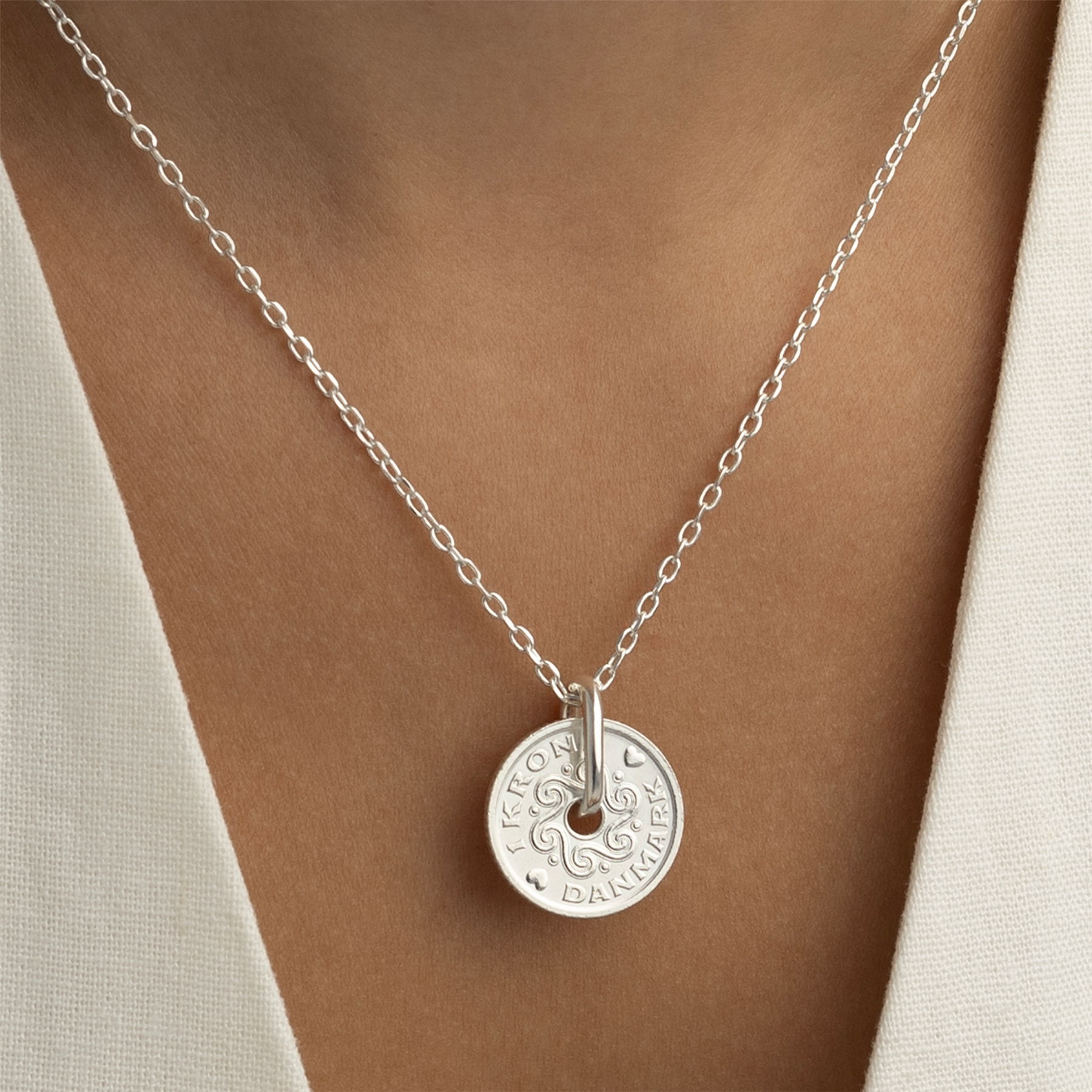 Danish Coin Necklace | Medallion Pendant Jewelry | Rhodium Plated 1 Krone | Denmark | 1992 - 2023