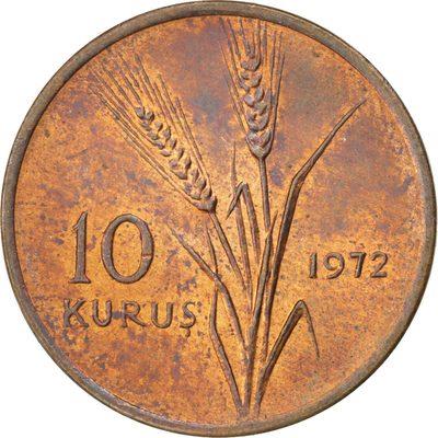 터키 동전 터키 10 쿠루시 | FAO | 대통령 무스타파 케말 아타튀르크 | KM898 | 1971 - 1974