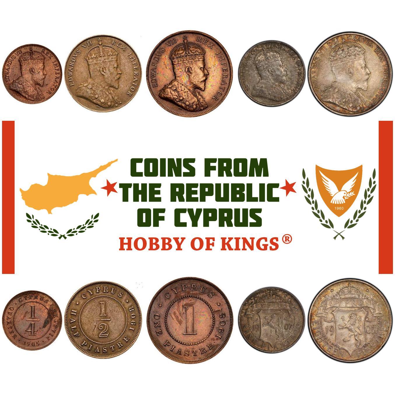 Set 5 Coins Cyprus 1/4 1/2 1 9 18 Piastres 1902 - 1908