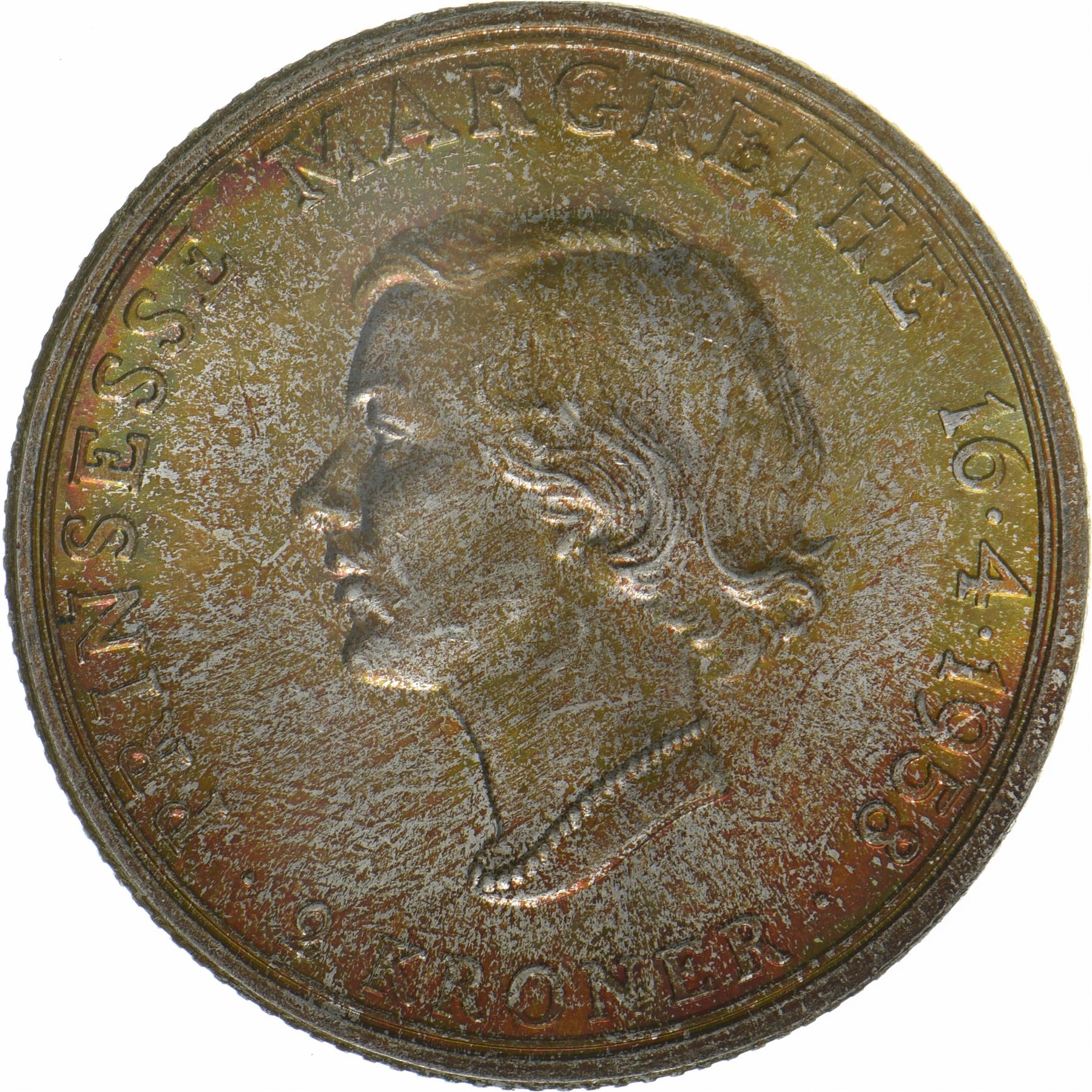 Denmark | 2 Kroner Coin | Silver | Princess Margrethe's 18th Birthday | KM:845 | 1958
