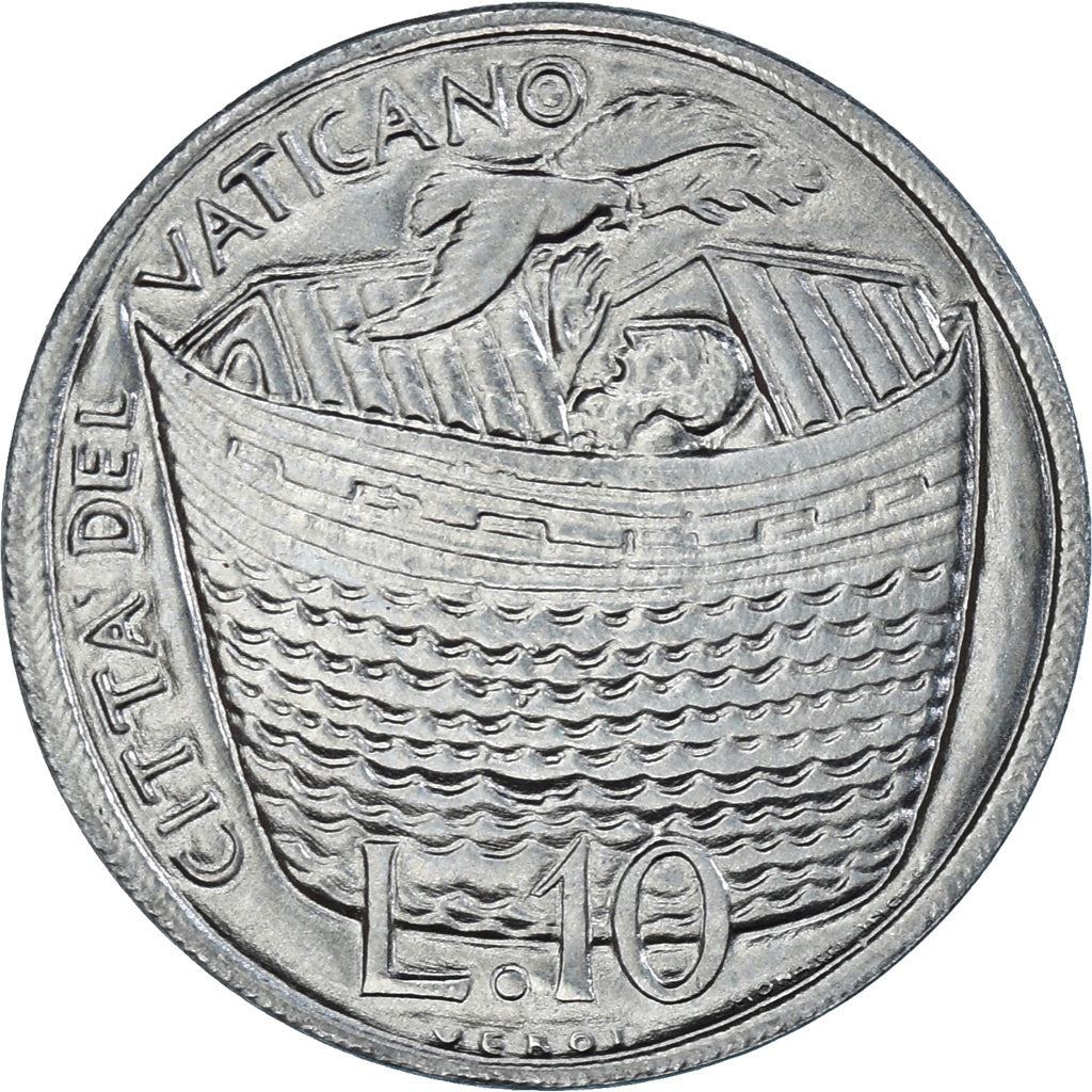 Vatican City | 10 Lire Coin | Noah's Ark | Km:127 | 1975
