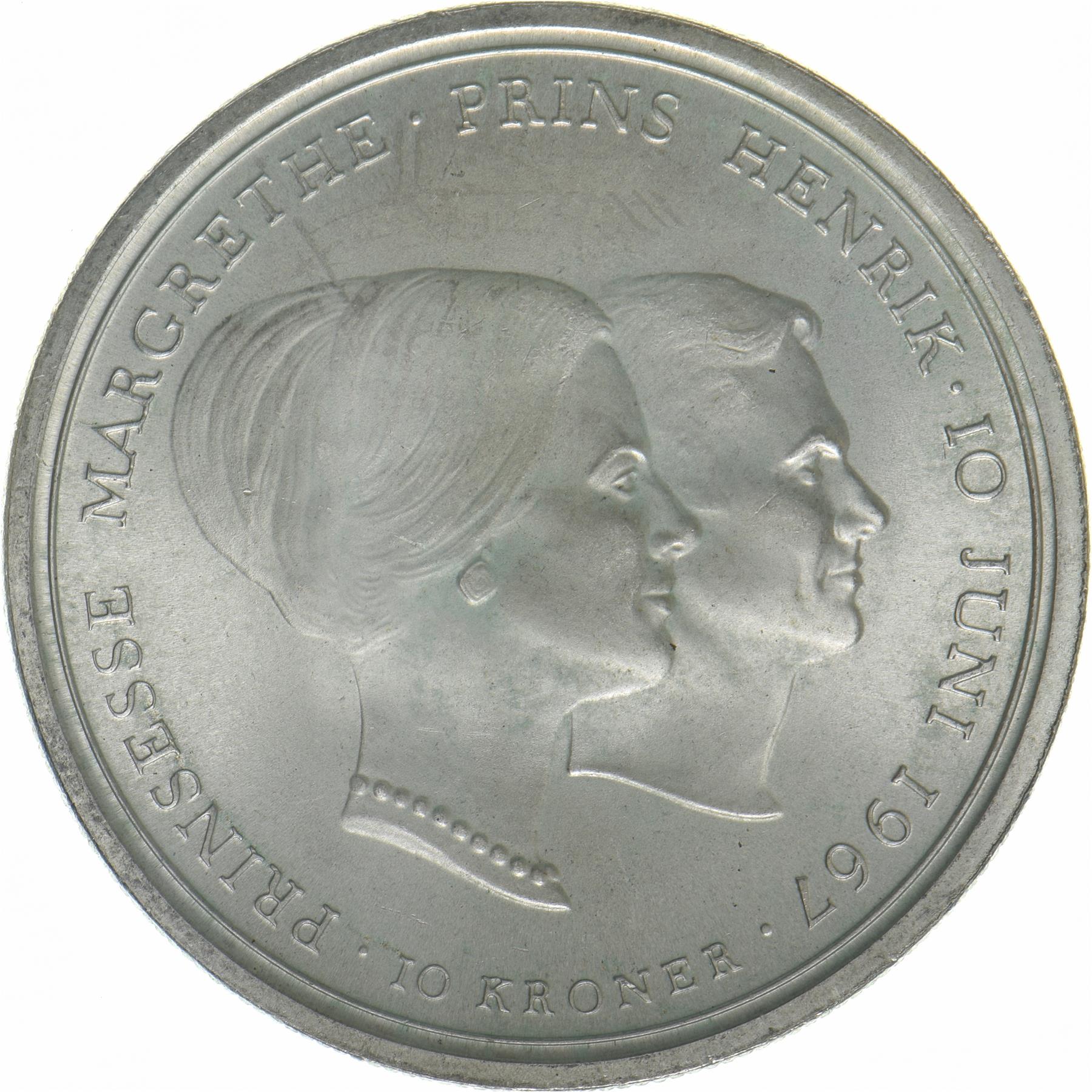 Denmark | 10 Kroner Coin | Silver | Wedding of Princess Margrethe | KM:856 | 1967