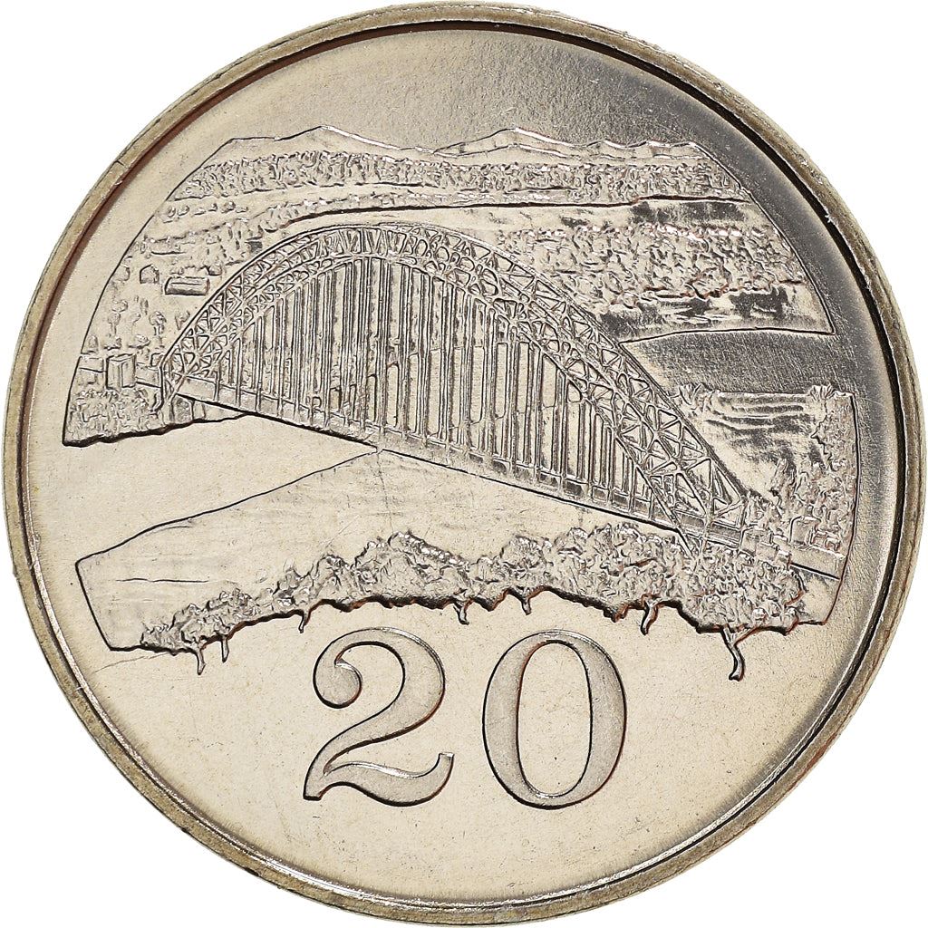 Zimbabwe Coin | 20 Cents Coin | Bateleur Eagle | Birchenough Bridge | Sabi River | KM4 | 1980 - 1997