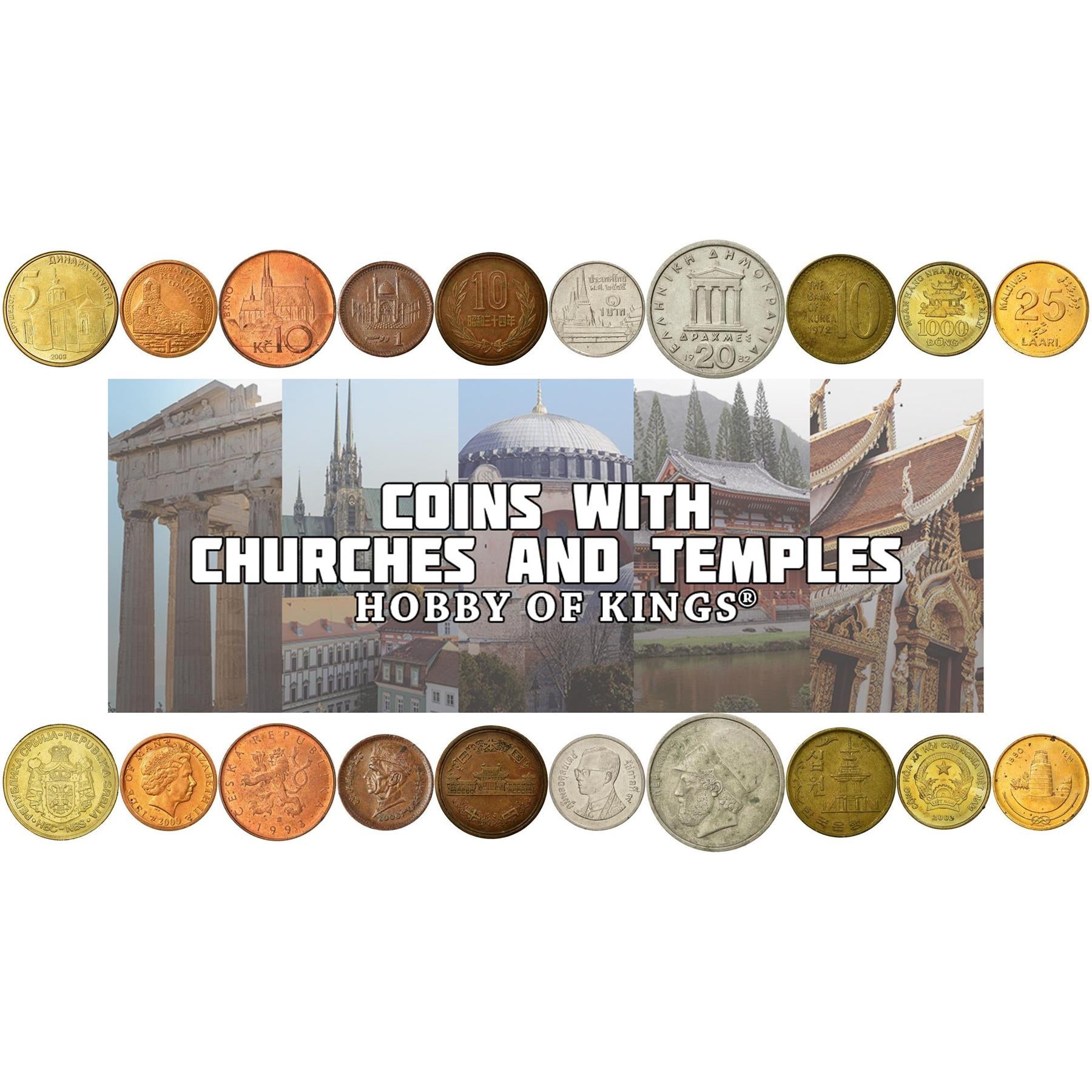 Different Coins with Houses of Worship | Church | Synagogue | Mosque | Shrine | Temple | Pagoda