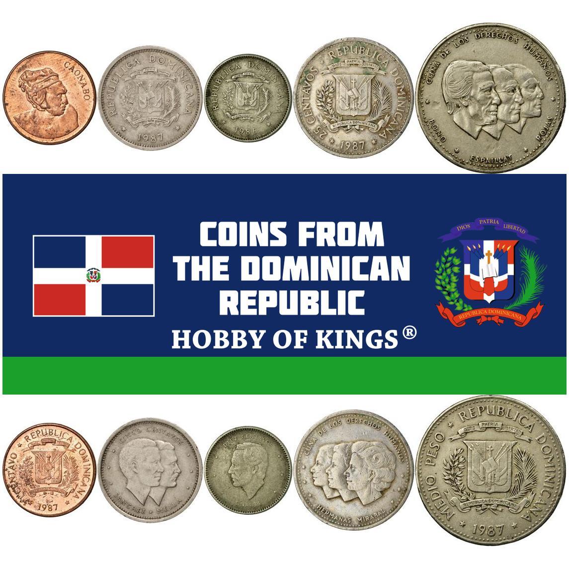 Dominican Republic | 5 Coin Set | 1 Centavo 5 10 25 Centavos 1/2 Peso | Caonabo | Dominican Founding Fathers | Juan Pablo Duarte | Mirabal Sisters | Patria | Minerva | Maria Teresa | Benigno Filomeno de Rojas | Ulises Francisco Espaillat | Pedro Francisco