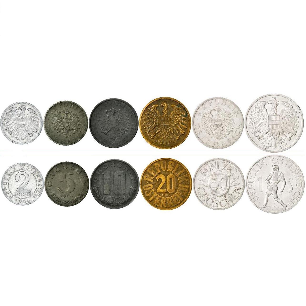 Austria | 6 Coin Set | 2 5 10 20 50 Groschen 1 Schilling | Austrian Escutcheon | Sower | 1946 - 1957