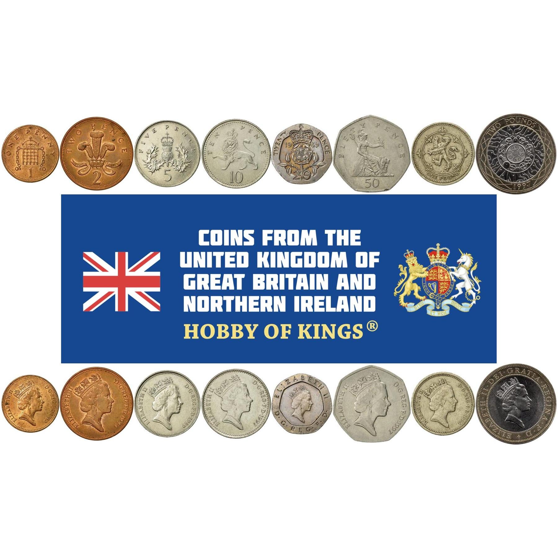 הממלכה המאוחדת | סט של 8 מטבעות | 1 פני 2 5 10 20 50 פני 1 לירה 2 לירות | 1985 - 1997