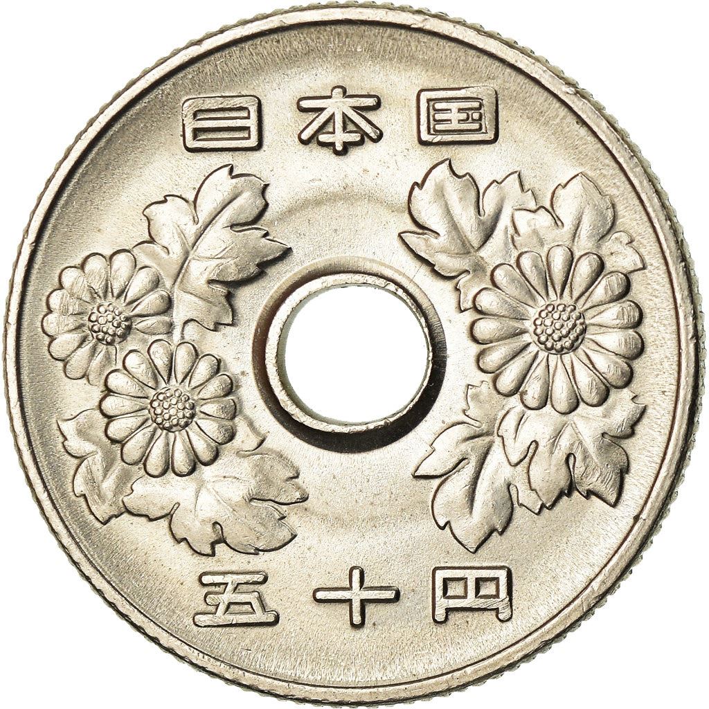 Japan | 50 Yen Coin | Chrysanthemum Flowers | Hole | Y:101, Jnda:02-7, Schön:75 | 1989 - 2019