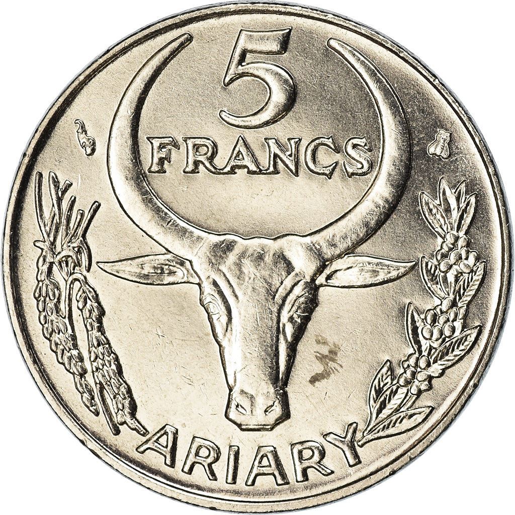 Madagascar | 5 Francs / 1 Ariary Coin | Flower | Zebu | Km:21 | 1996