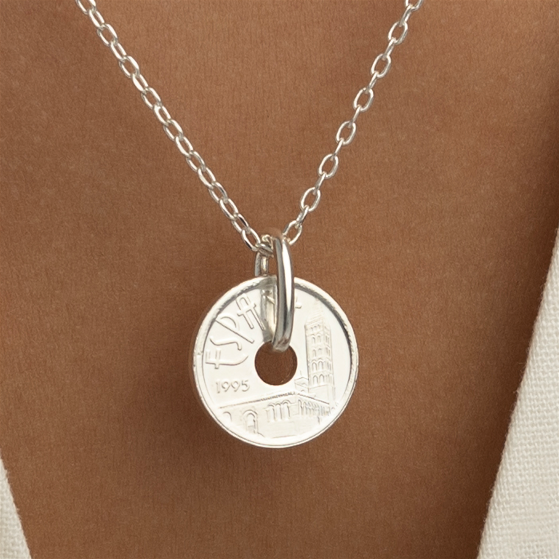 Spanish Coin Necklace | Medallion Pendant Jewelry | Rhodium Plated 5 Pesetas | Castile and Leon | 1995