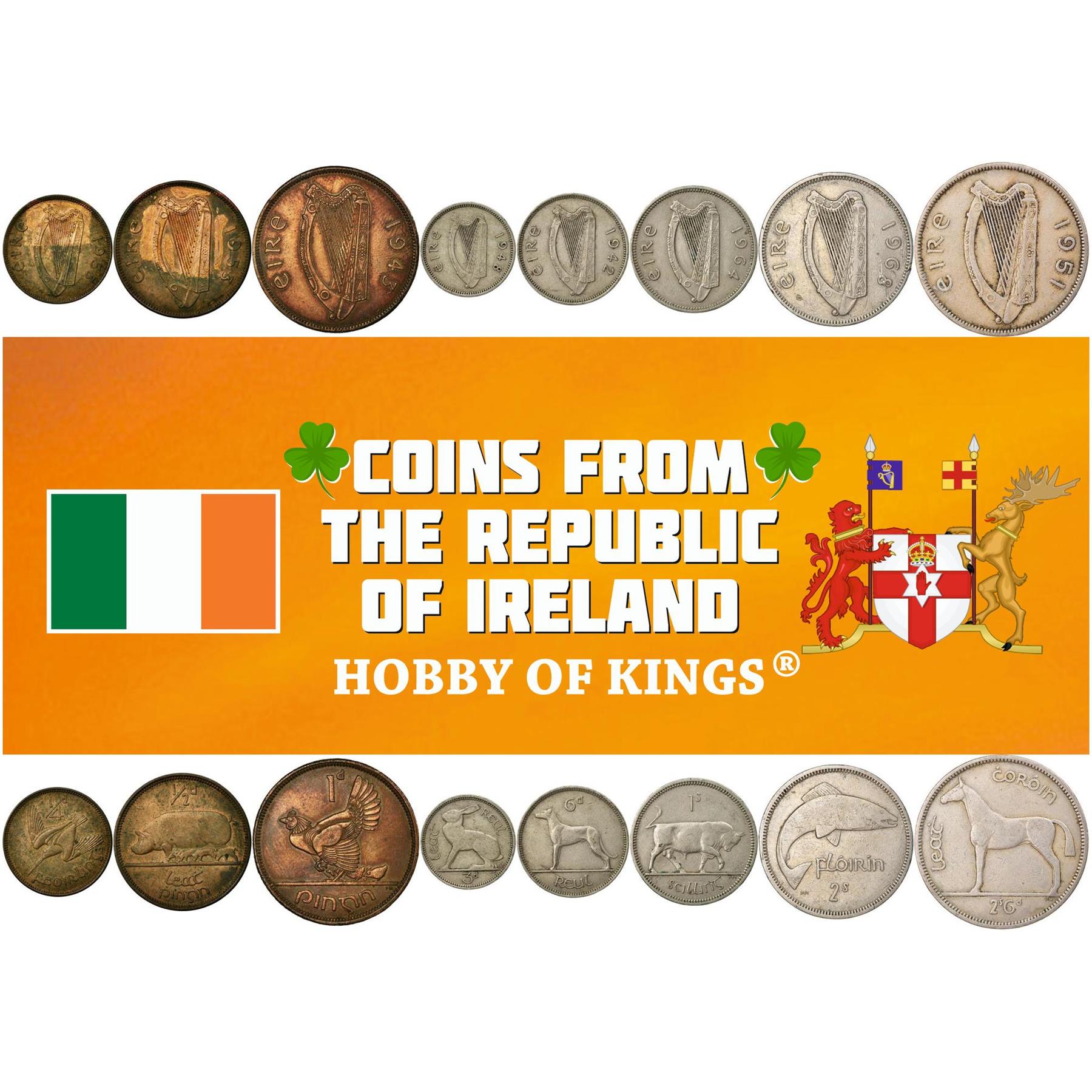 أيرلندا | مجموعة ٨ عملات | فيورلينج ١/٢ ١ ٣ ٦ بنجن ١ شيلينغ ١ فلورين ١/٢ تاج | ١٩٣٩ - ١٩٦٩
