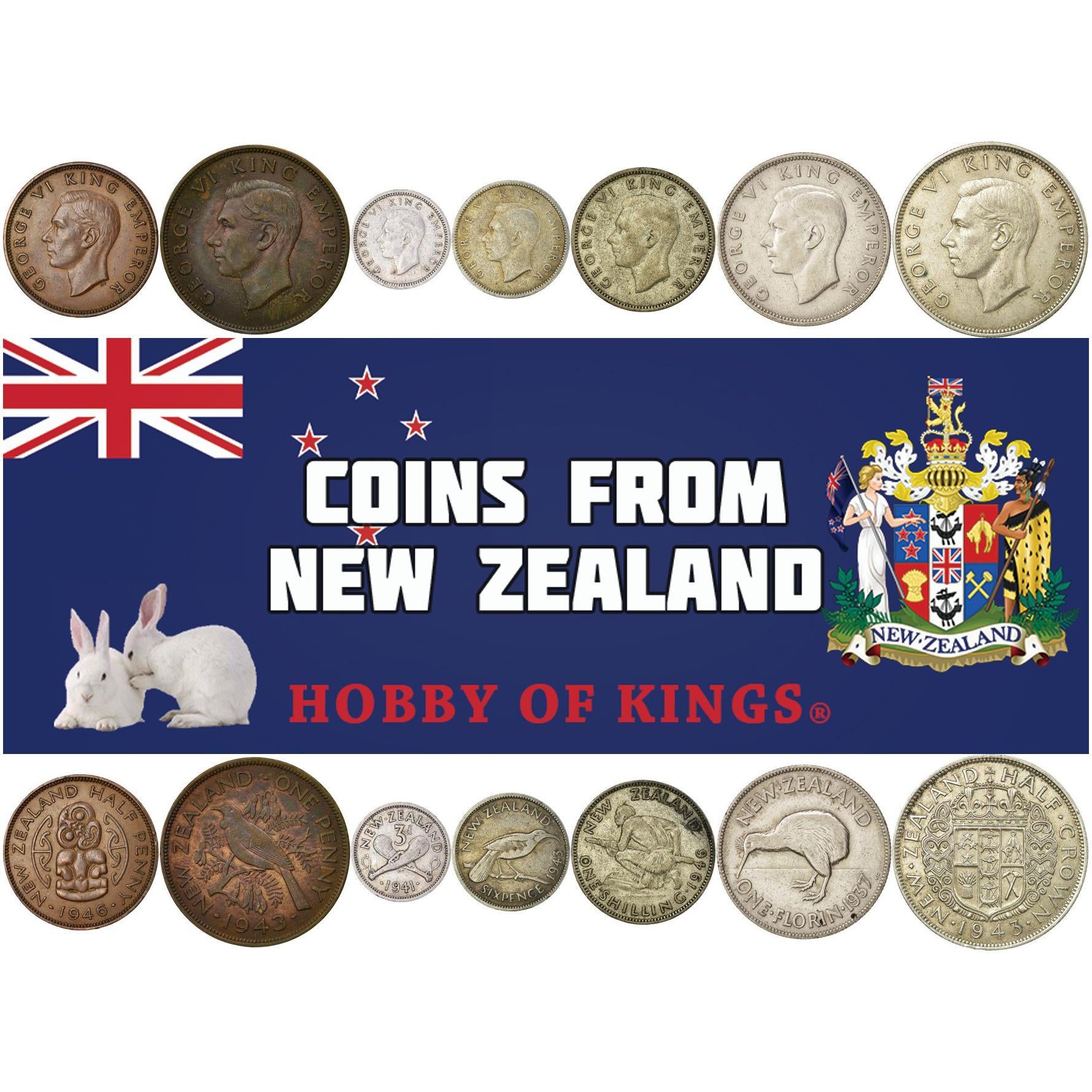 New Zealand | 7 Coin Set | 1/2 1 Penny 3 6 Pence 1 Shilling 1 Florin 1/2 Crown | 1937 - 1947