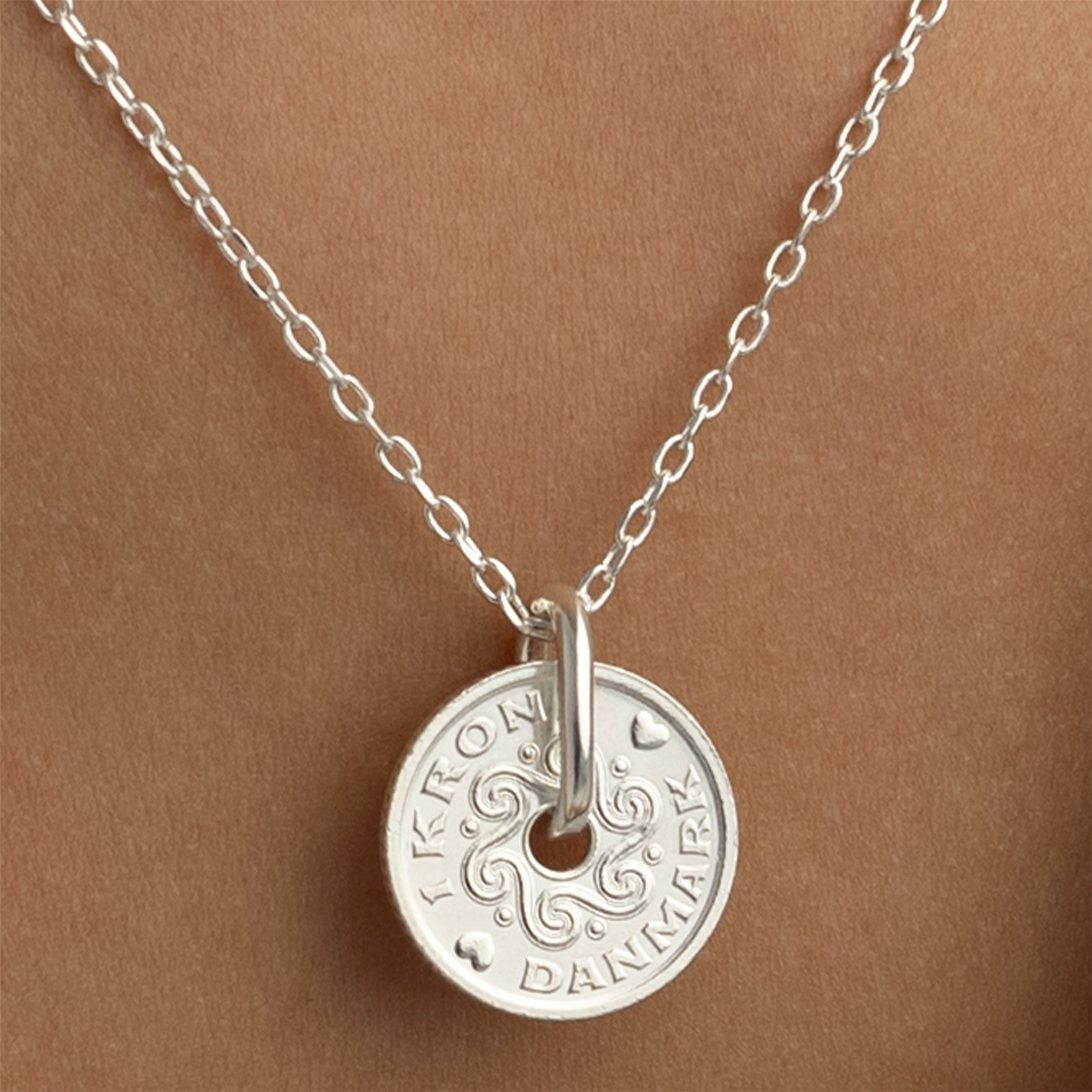 Danish Coin Necklace | Medallion Pendant Jewelry | Rhodium Plated 1 Krone | Denmark | 1992 - 2023