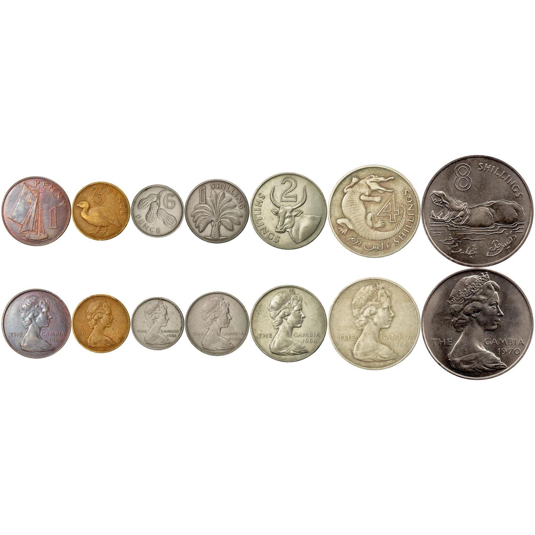 The Gambia | 7 Coin Set | 1 Penny 3 6 Pence 1 Shilling 2 4 8 Shillings | 1966 - 1970