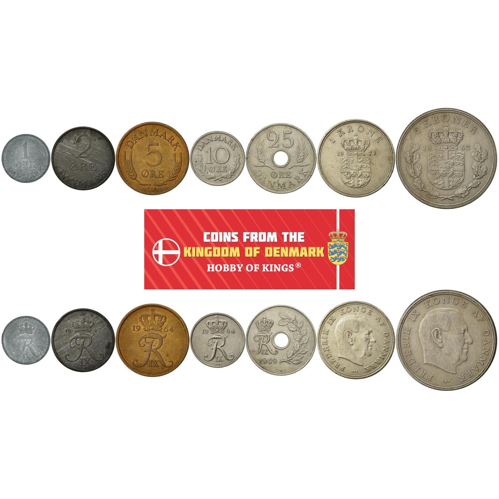 Denmark | 7 Coin Set | 1 2 5 10 25 Ore 1 Krone 5 Kroner | 1960 - 1972