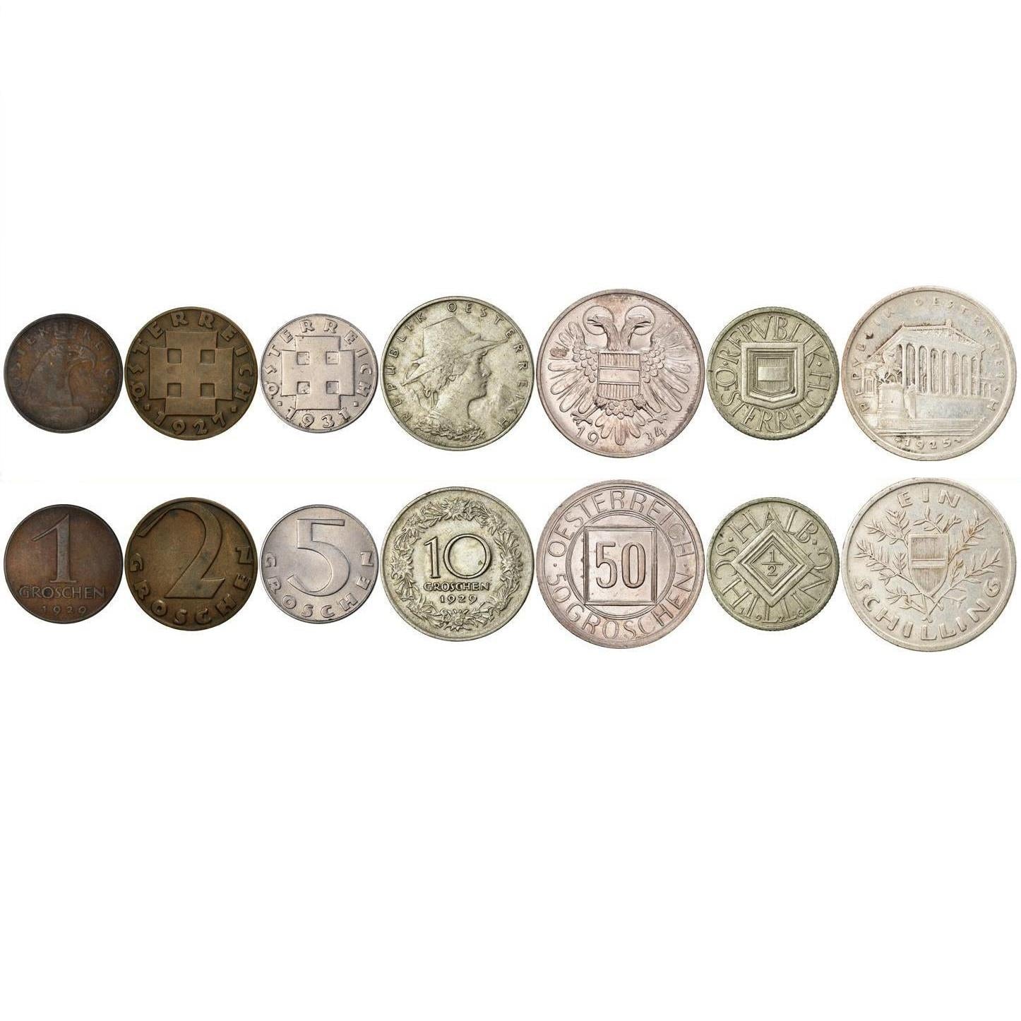 Austria | 7 Coin Set | 1 2 5 10 50 Groschen 1/2 1 Schilling | Cross Potent | Tyrol Woman | Floral Wreath | Austrian Escutcheon | Austrian Parliament | 1925 - 1934