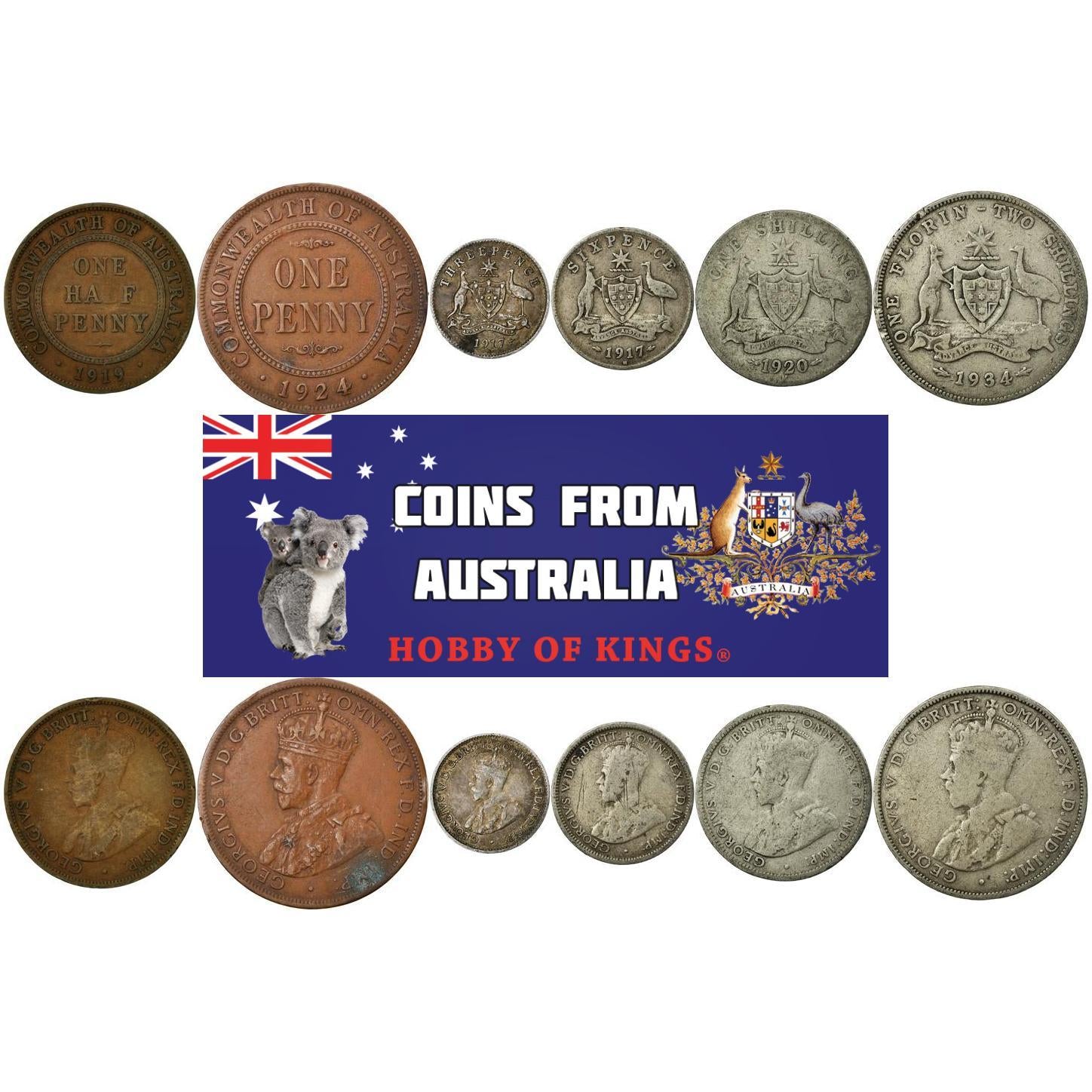 Australia | 6 Coin Set | 1/2 1 Penny 3 6 Pence 1 Shilling 1 Florin | 1911 - 1936