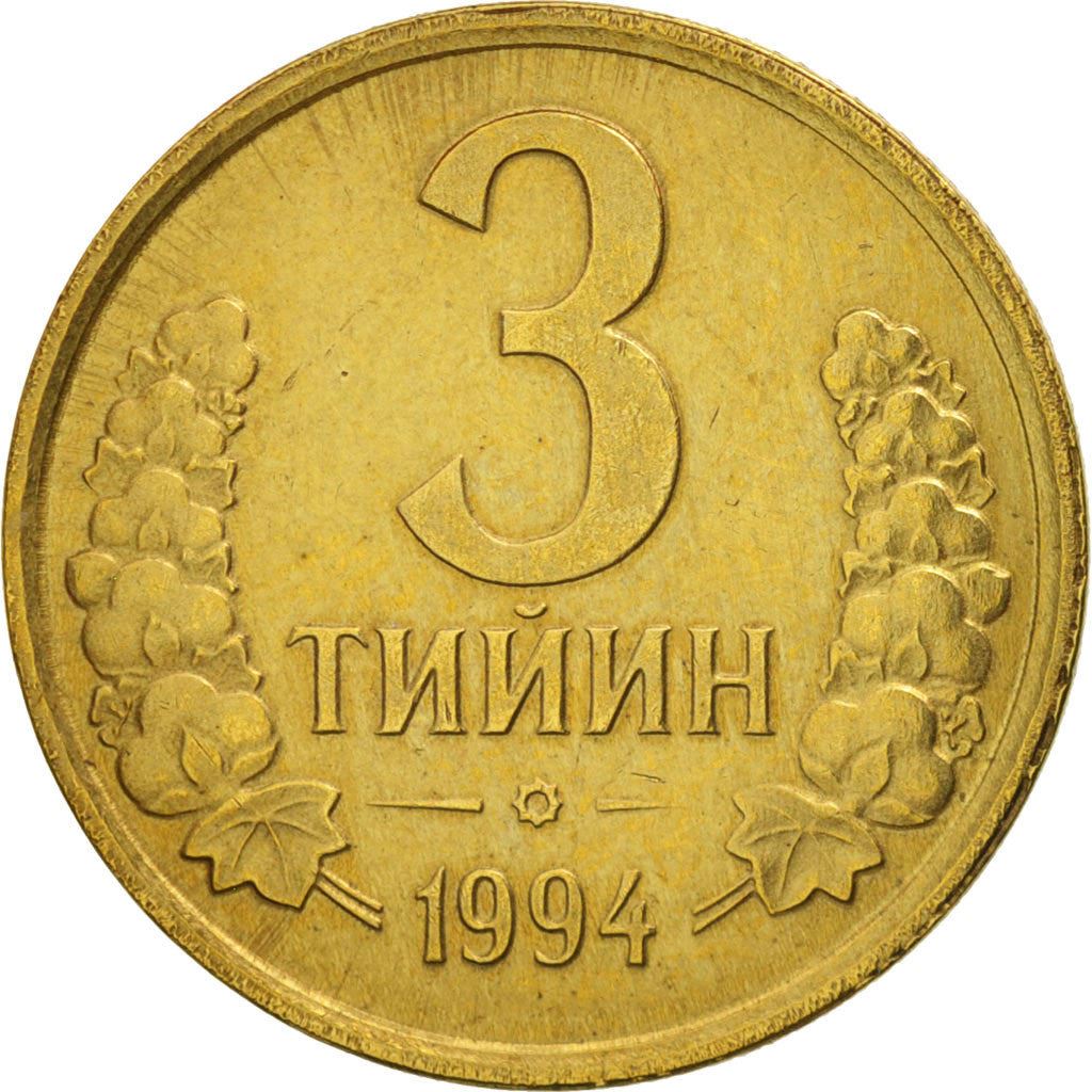 Uzbekistan | 3 Tiyin Coin | Stars | Cotton | Wheat | Sun | Huma Bird | Km:2 | 1994