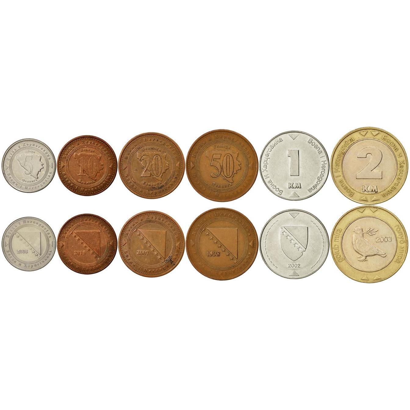 Bosnia and Herzegovina | 6 Coin Set | 5 10 20 50 Feninga 1 Konvertibilna 2 Konvertibilne Marka | 1998 - 2025
