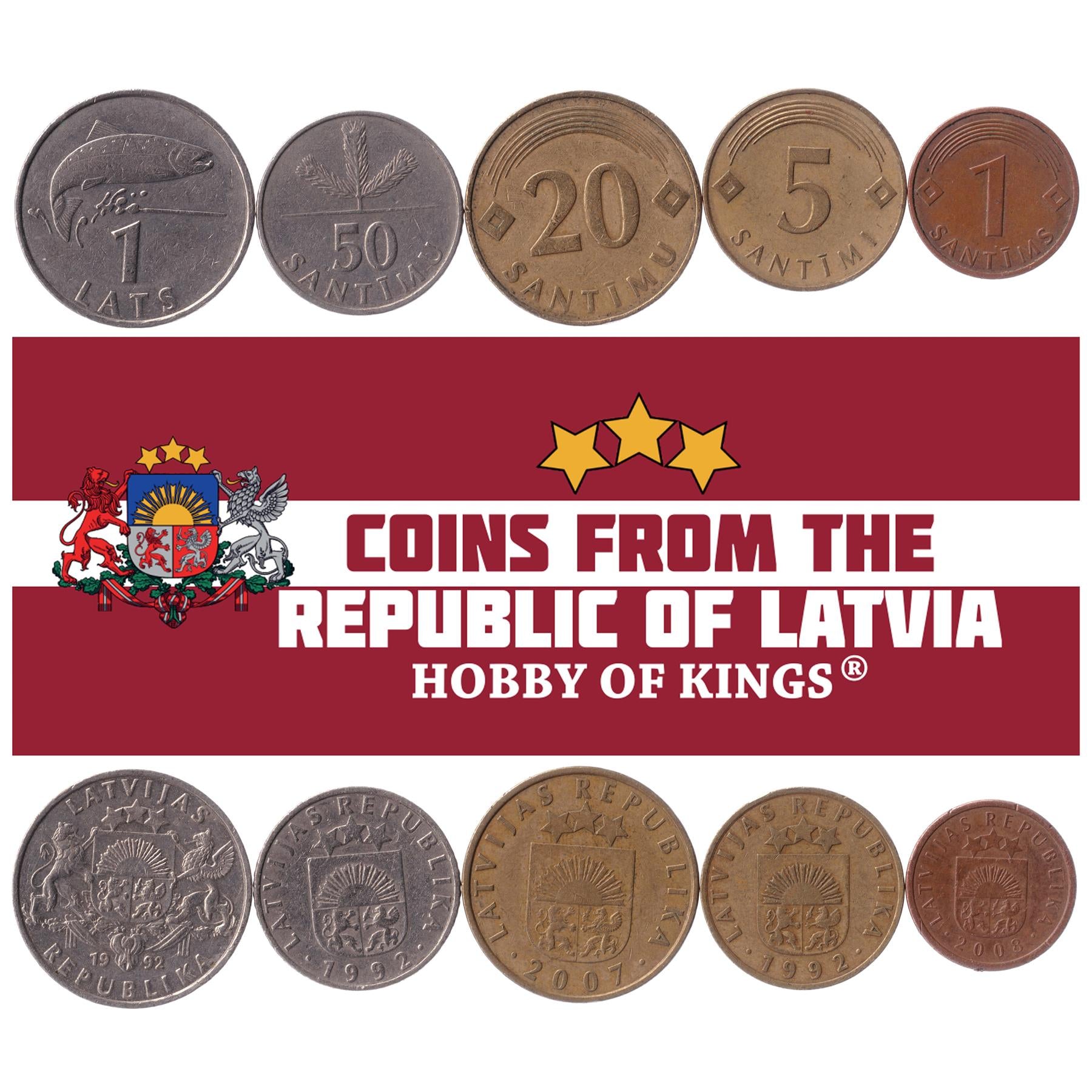 異なる硬貨 - 古い収集用ラトビア外国通貨の収集帳 - 独特な記念世界の貨幣セット - 収集家への贈り物 - 5点の収集品