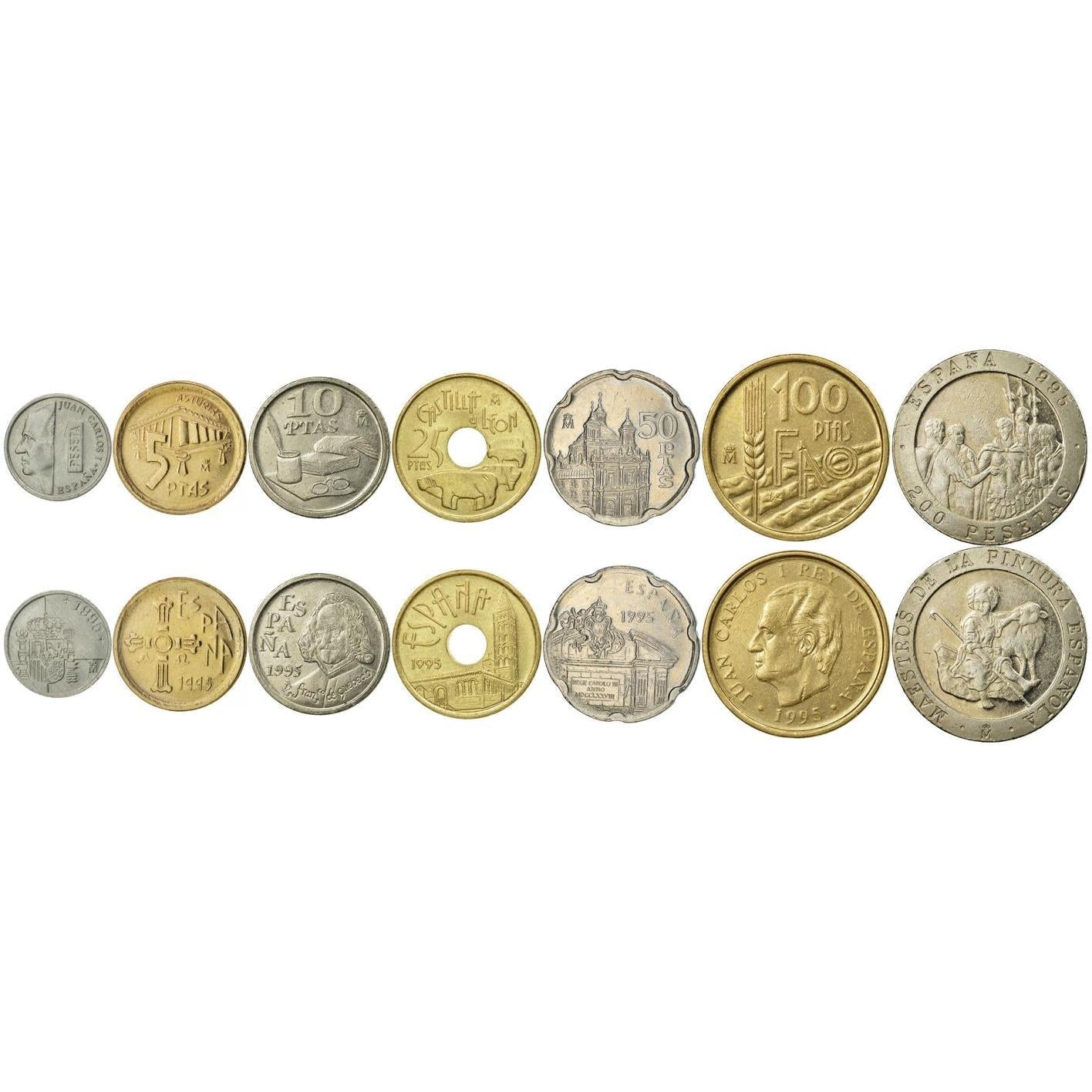 스페인 7개 주화 세트 1 5 10 25 50 100 200 페세타 | 후안 카를로스 1세 | 프란시스코 데 케베도 | 성 에스테반 교회 | 산 프란시스코 엘 그란데 왕립 대성당 | 기산도 황소상 | 승리의 십자가 | 스페인 | 1995년