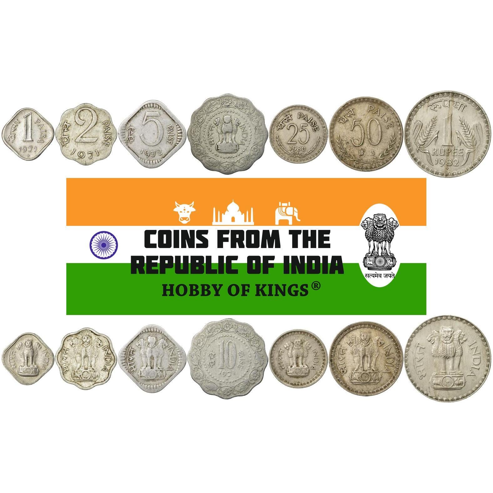 India | 7 Coin Set | 1 2 5 10 25 50 Paisa 1 Rupee | 1965 - 1990