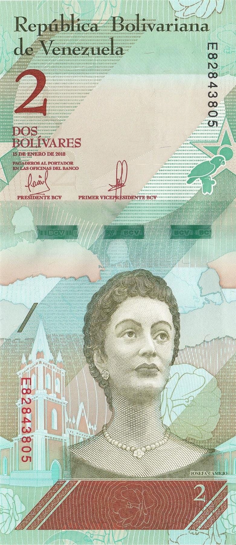Venezuela | 2 Bolivares Banknote | 2018 | Josefa Camejo | Cayo Sal Island | Yellow Headed Parrot