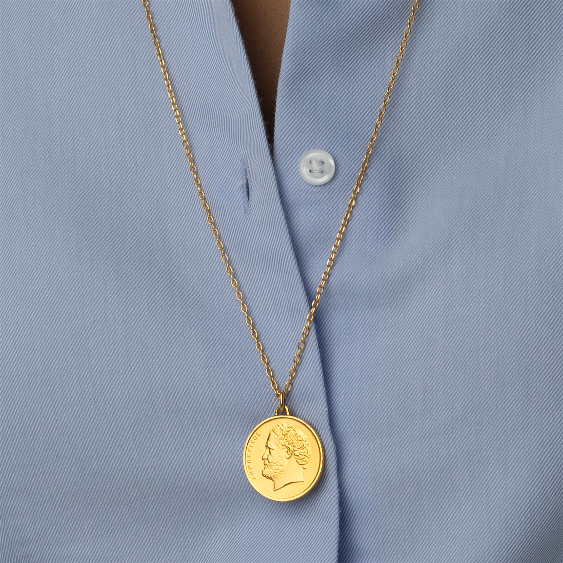 Greek Coin Necklace | Medallion Pendant Jewelry | 18K Gold Plated 10 Drachmes | Democritus | 1976 - 2000